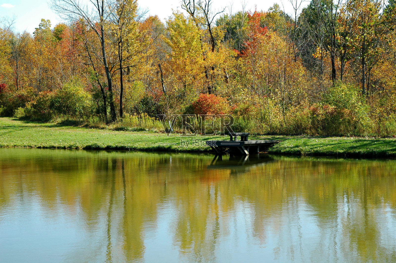 池塘里的秋天倒影照片摄影图片