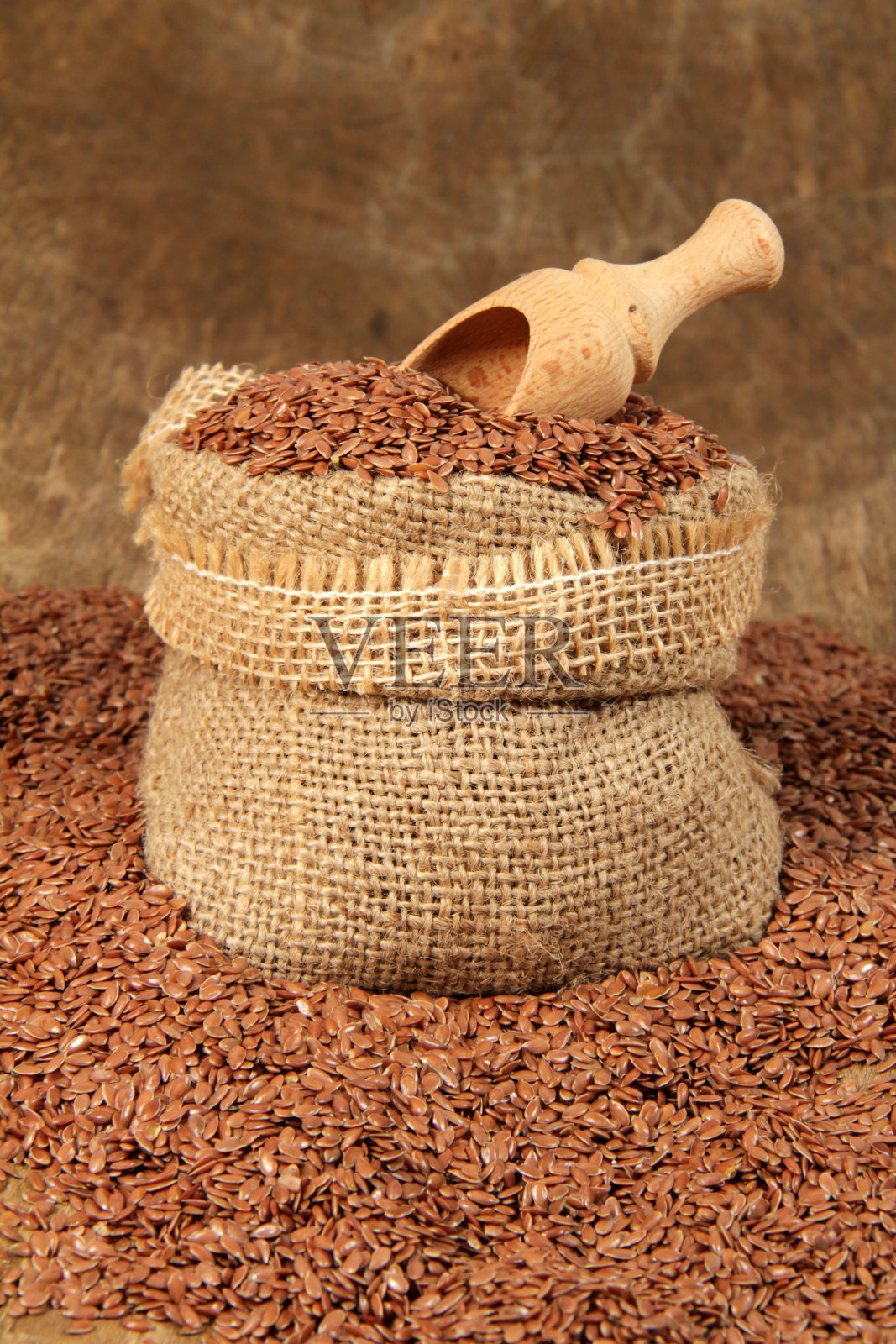 亚麻籽，黄麻袋照片摄影图片