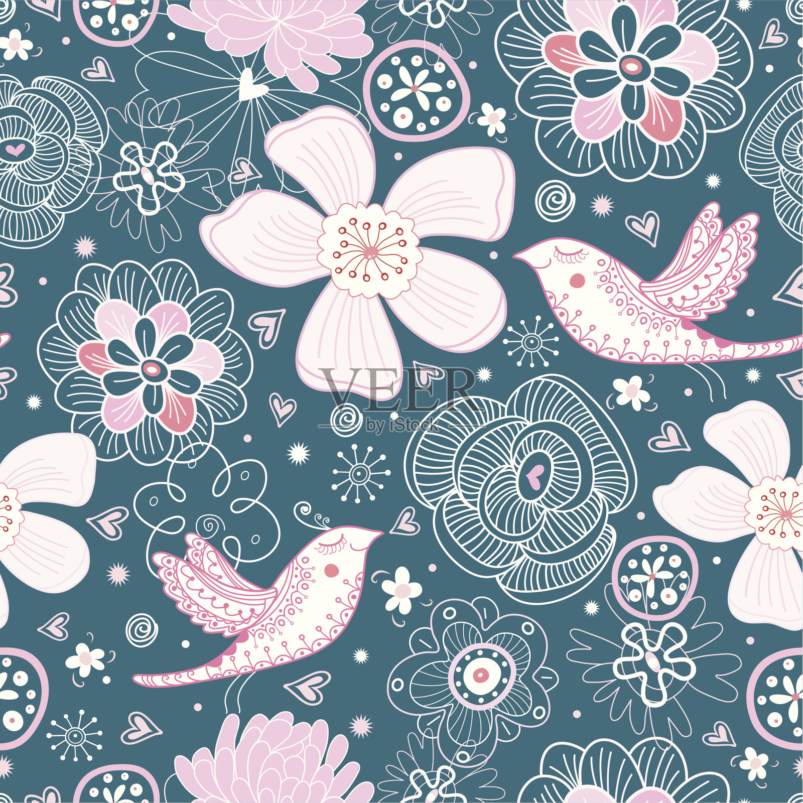 花图案与鸟在爱插画图片素材