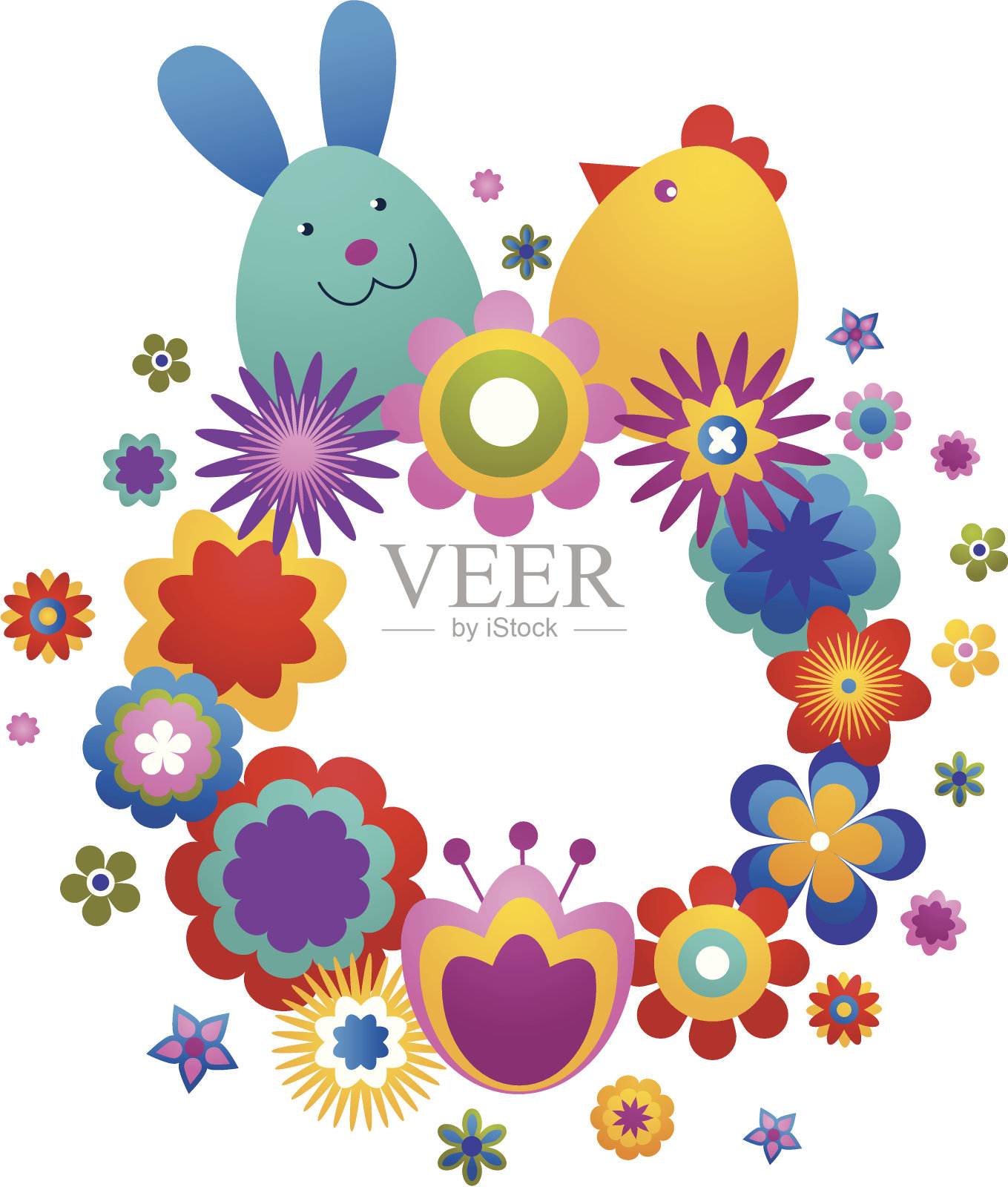 吃鸡蛋，兔子和鸟花环插画图片素材