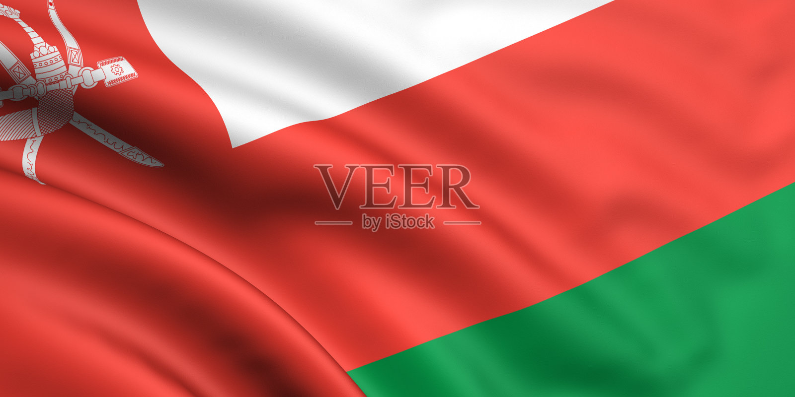 阿曼红、白、绿相间的旗子，配上匕首和剑照片摄影图片