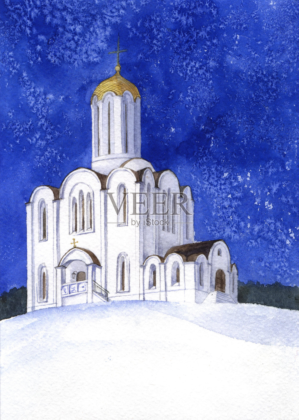 东正教教堂的水彩画插画图片素材
