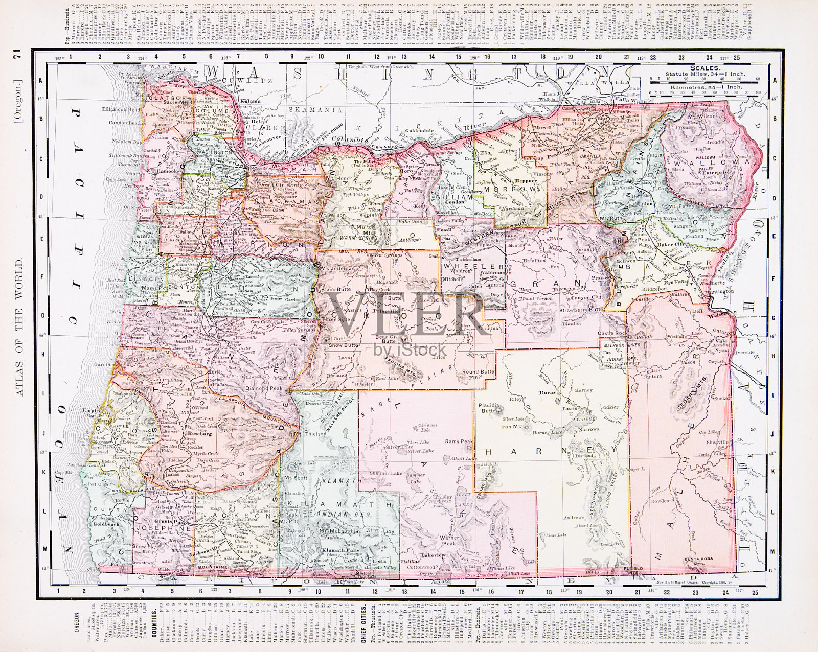 美国俄勒冈州古董古董彩色地图插画图片素材