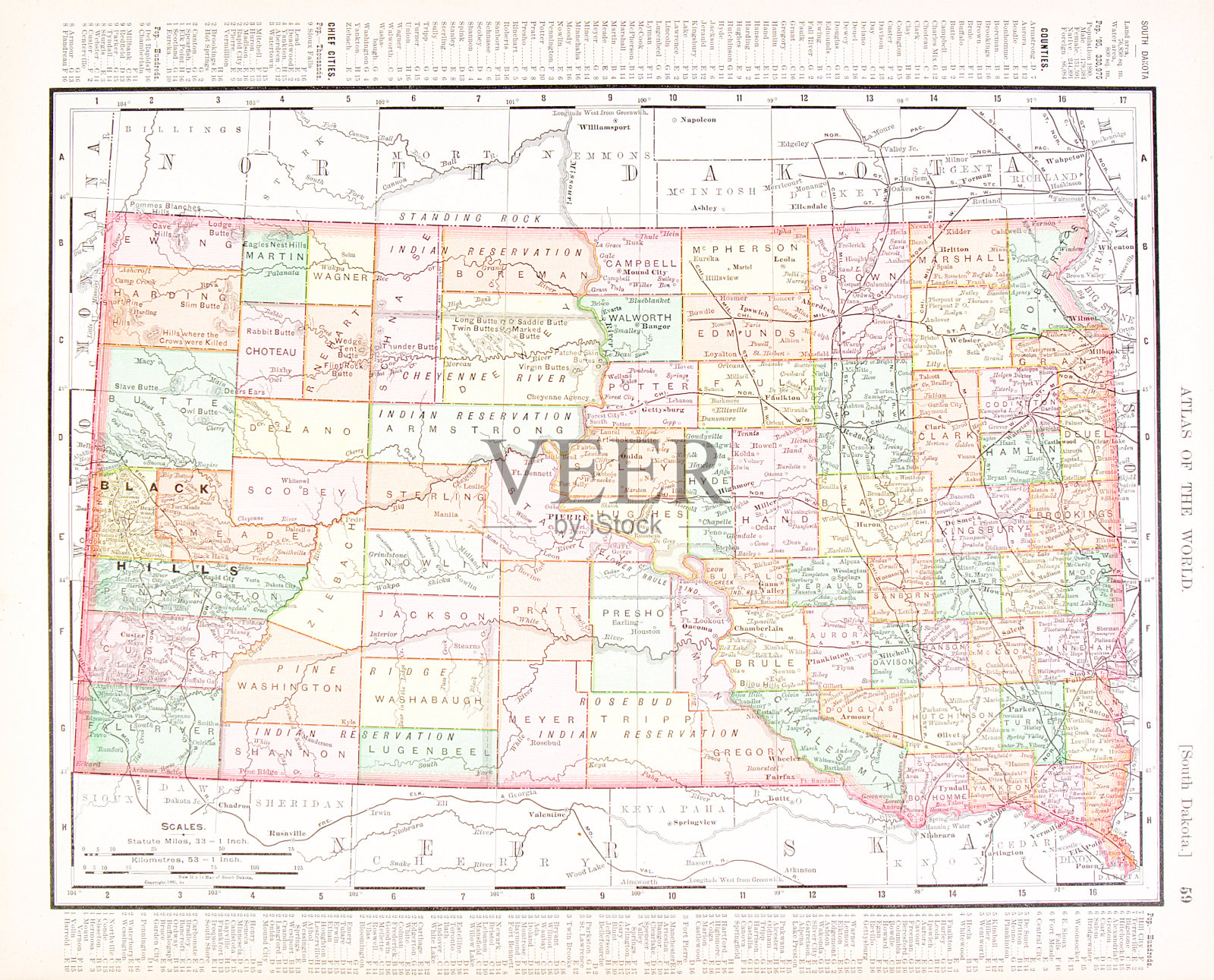 美国南达科他州古董古董彩色地图插画图片素材
