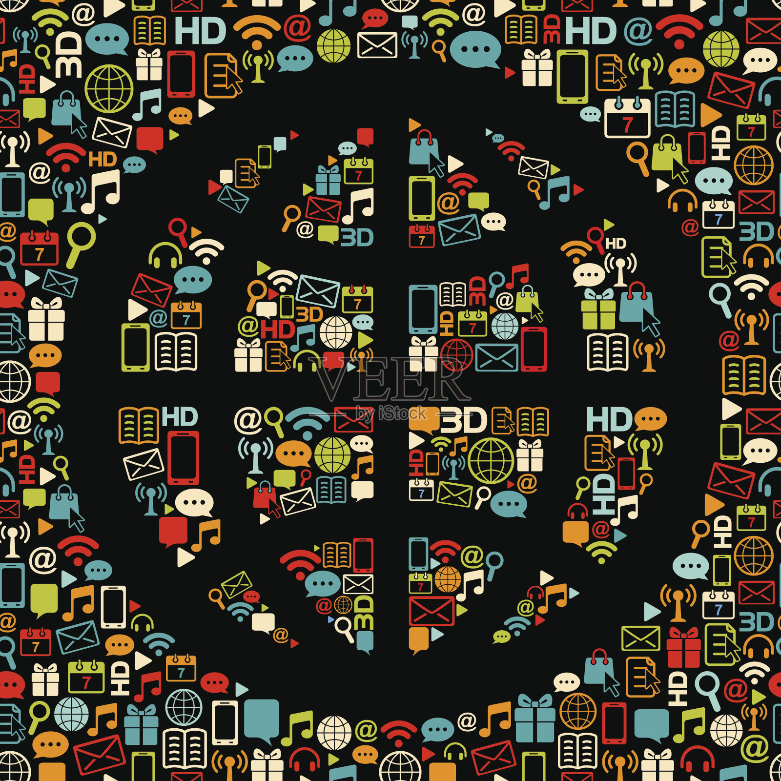 由彩色图标制成的矢量球体。黑色上的复古色彩。插画图片素材