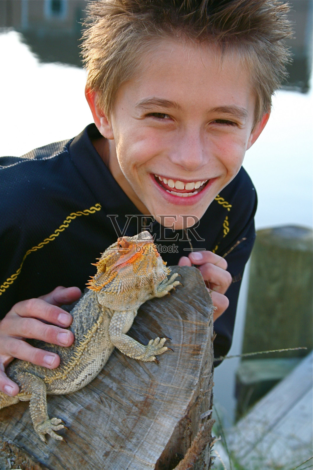 男孩和他的大胡子龙照片摄影图片