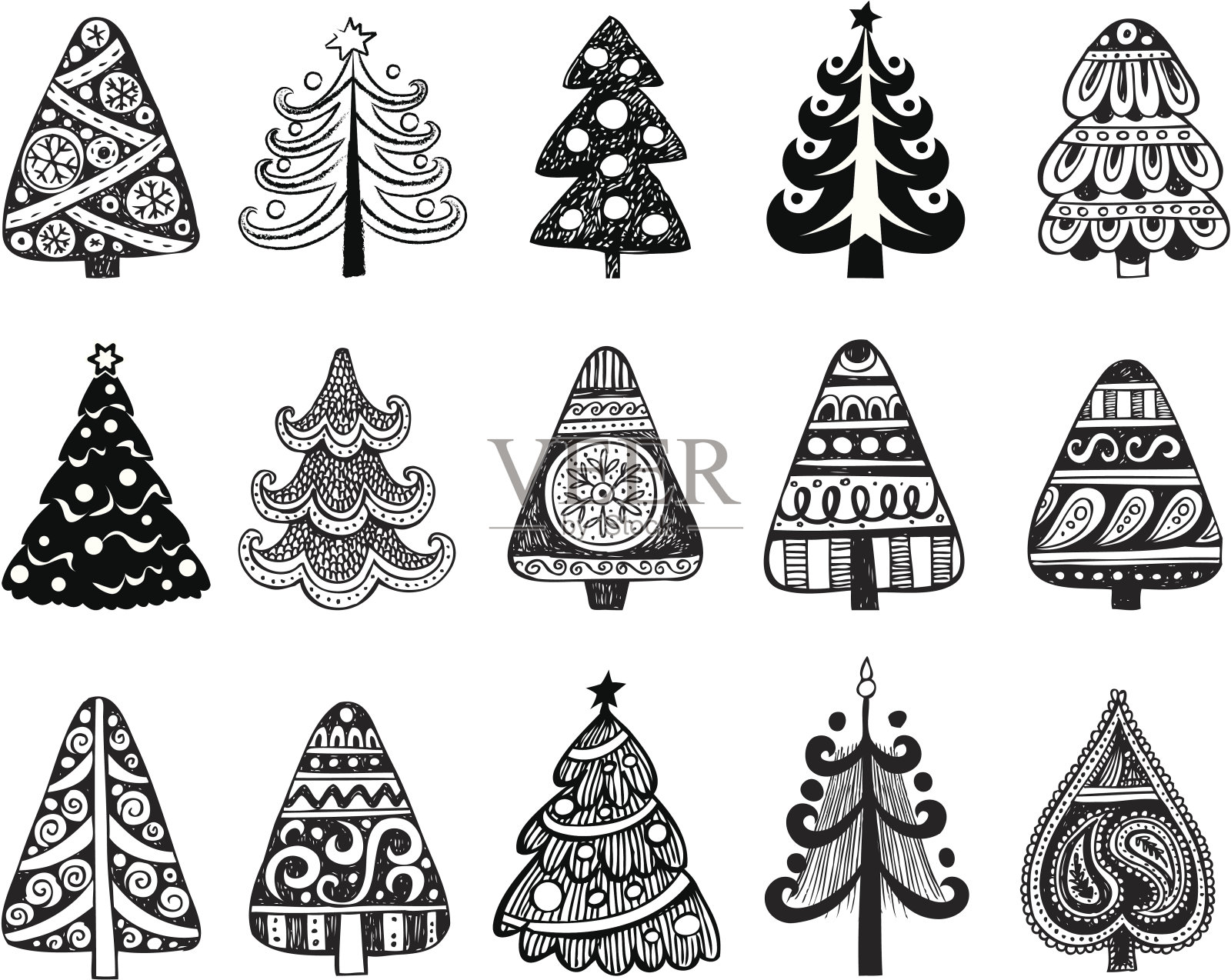 一组可爱的圣诞树。插画图片素材