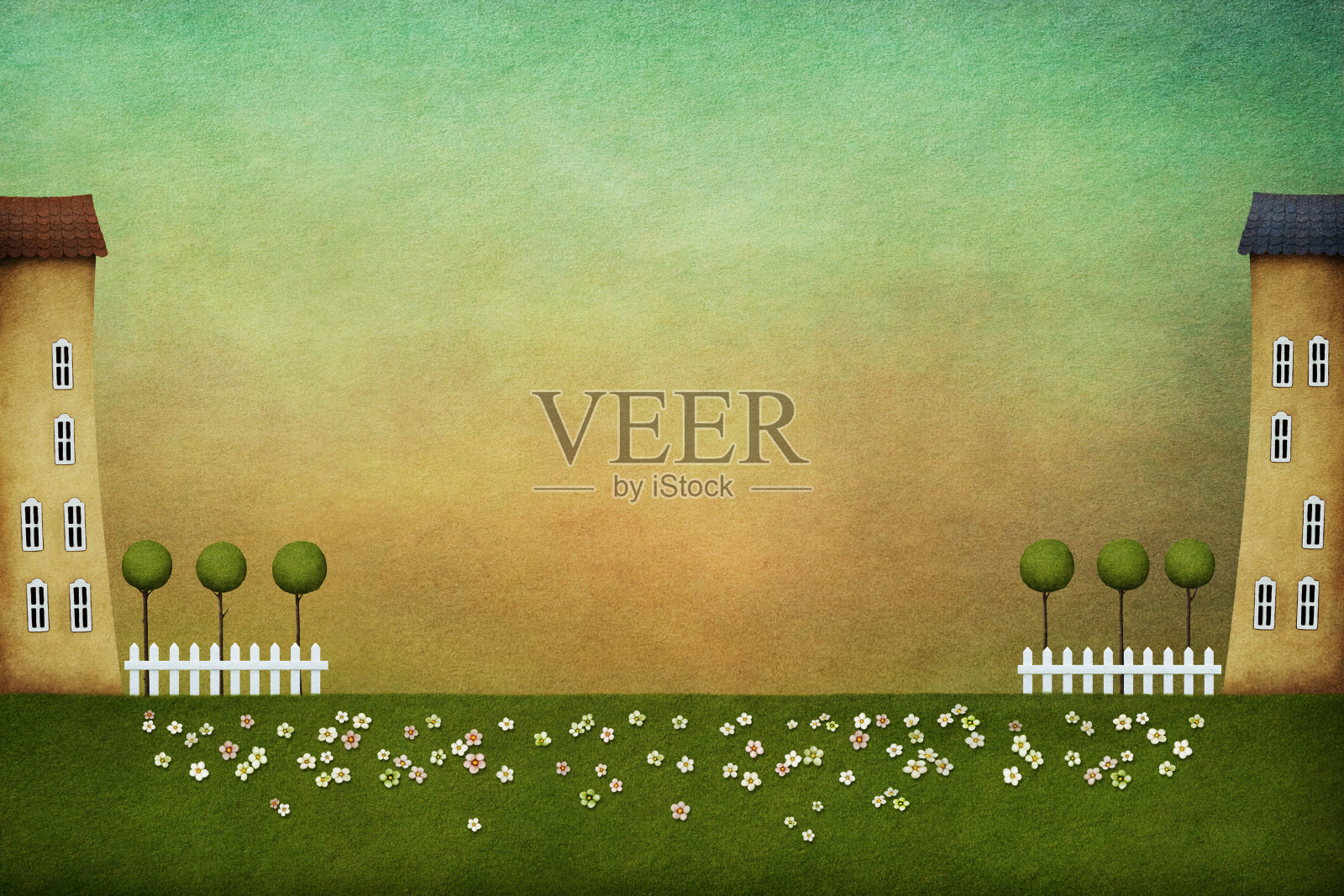有房子、树木和篱笆的明信片或海报。插画图片素材