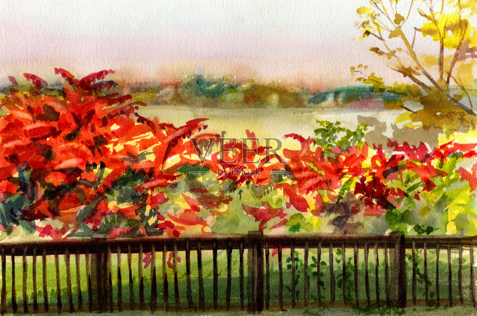 湖滨水彩画插画图片素材