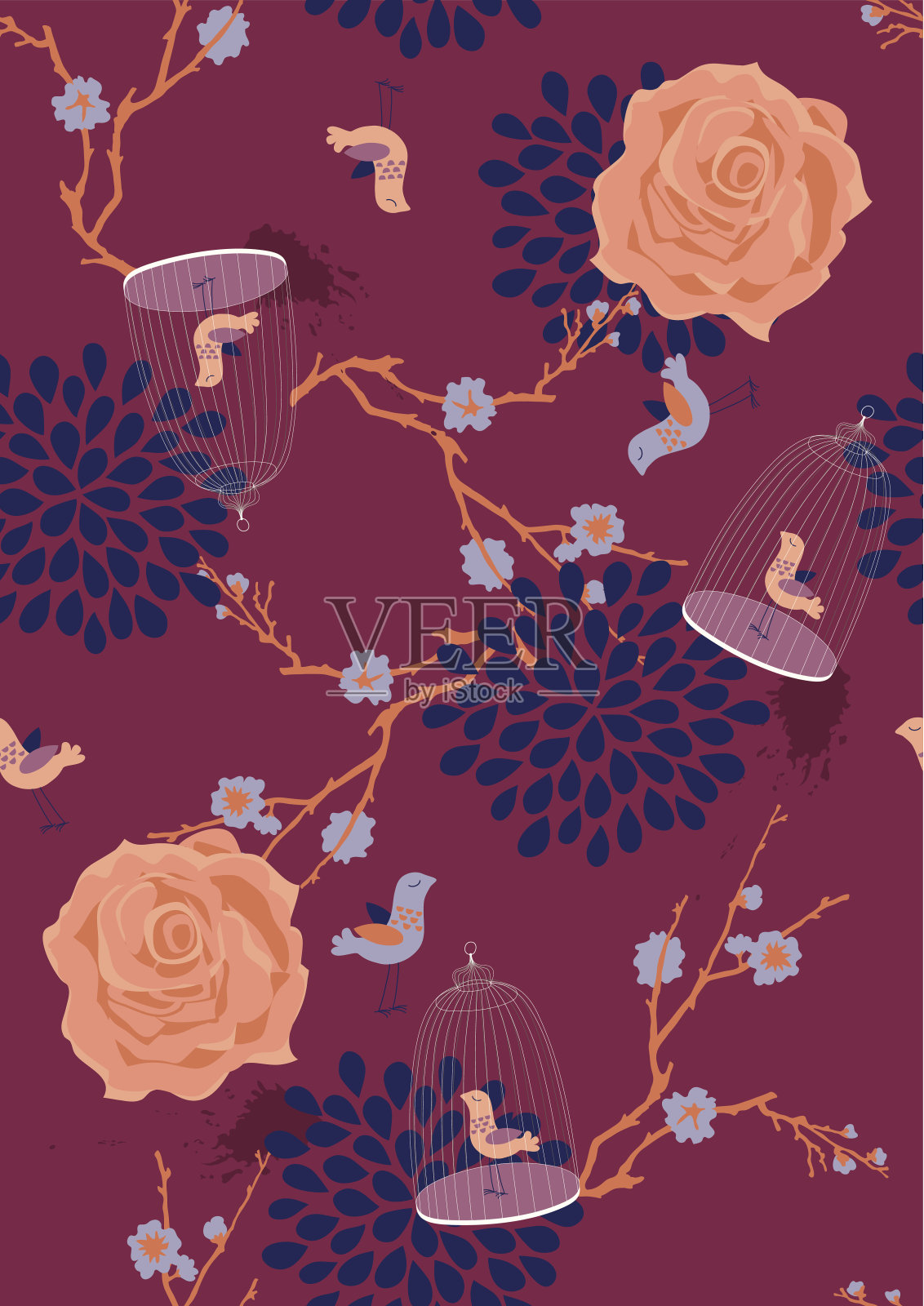 向量无缝模式与盛开的树枝插画图片素材