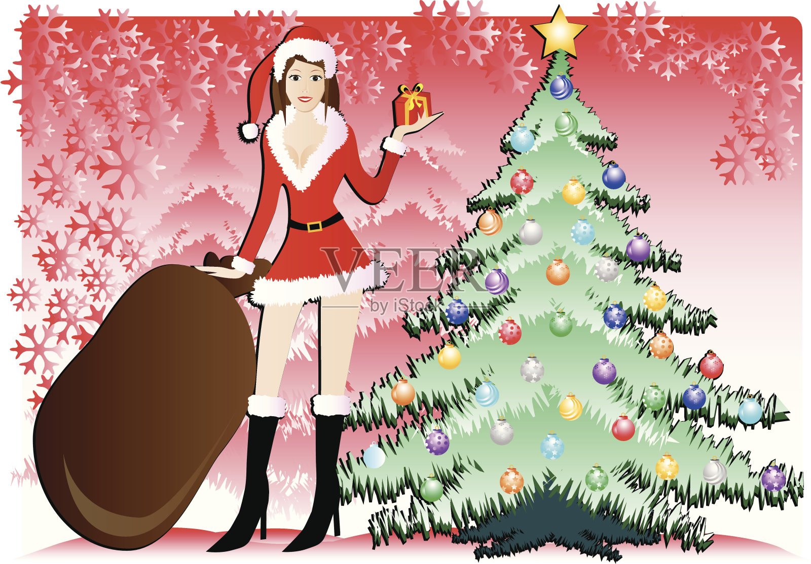 女孩的圣诞树插画图片素材