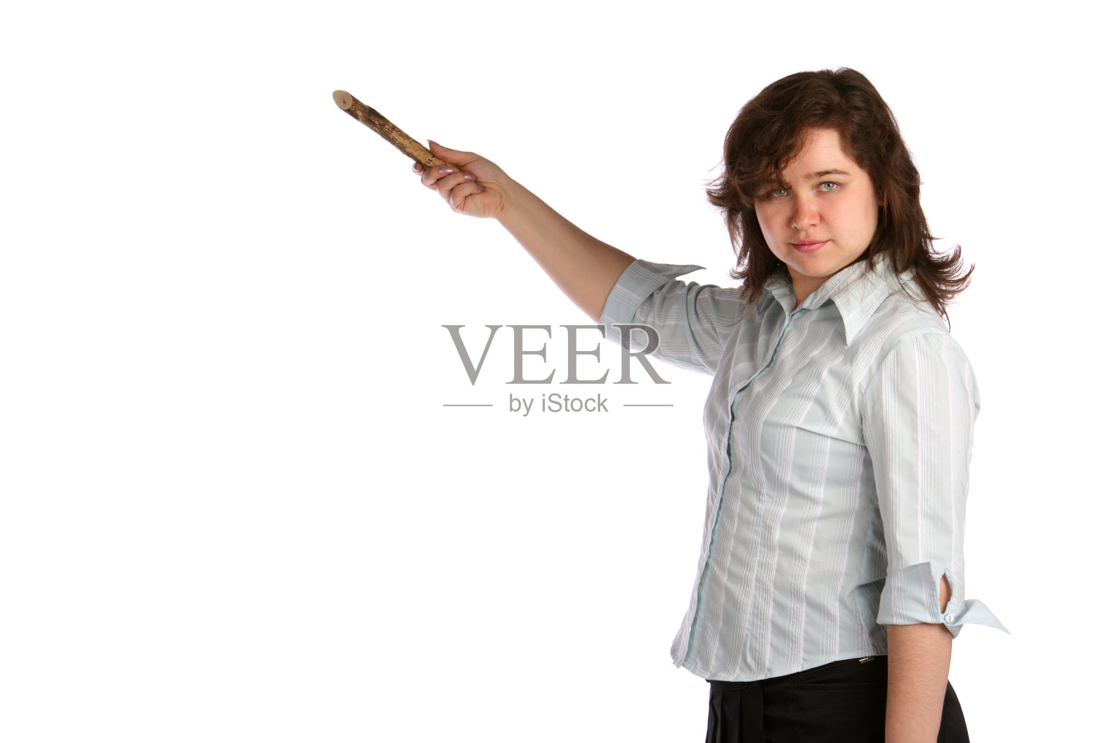 胖乎乎的女孩在白衬衫显示…照片摄影图片