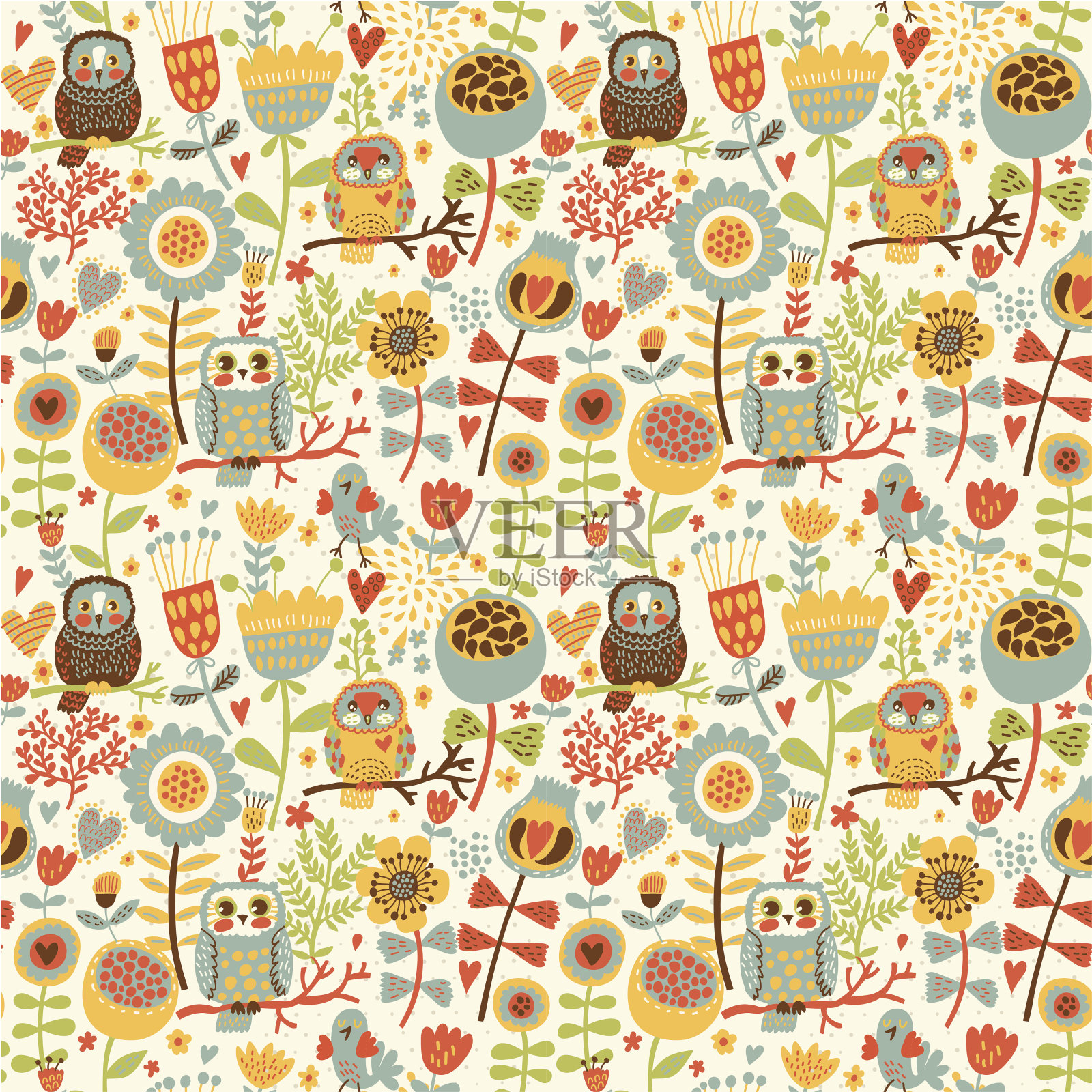猫头鹰在花丛中插画图片素材