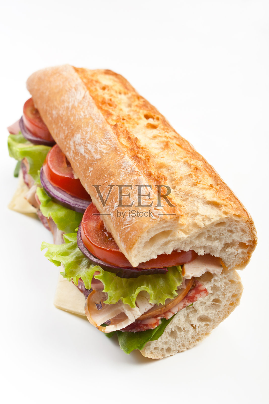 赛百味法棍三明治加三个西红柿和莴苣照片摄影图片