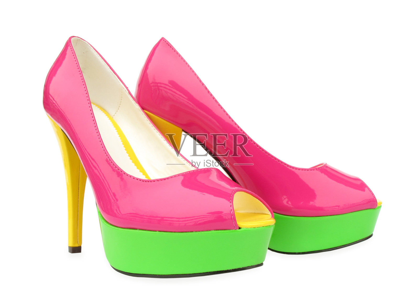粉红、绿色、黄色高跟鞋照片摄影图片