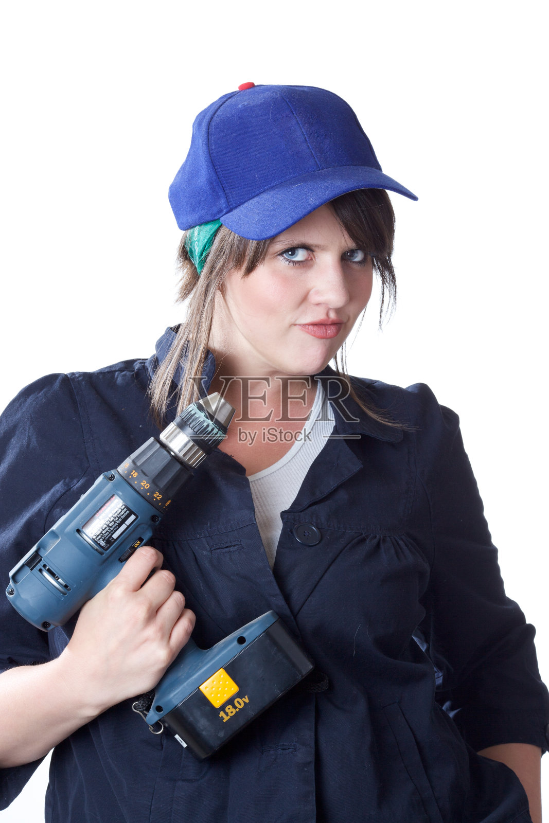 女人的建筑工人;孤立在白色照片摄影图片