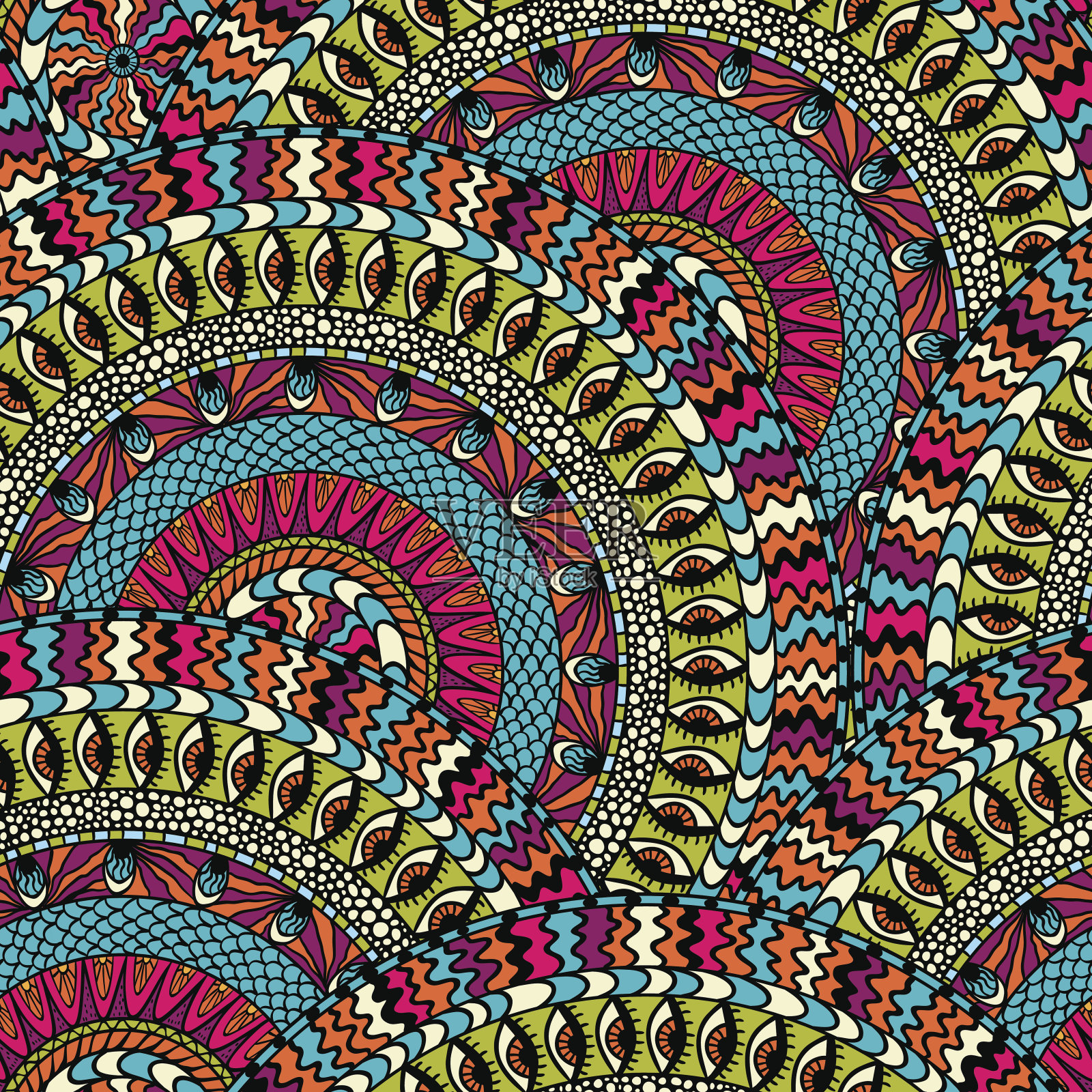 多彩的种族圆形点缀，矢量无缝图案。插画图片素材