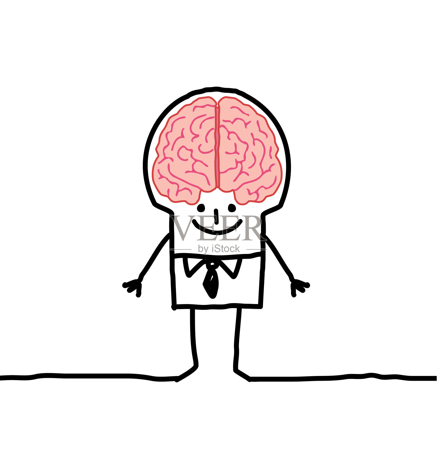 长着大脑袋和彩色粉色大脑的木棍人插画图片素材