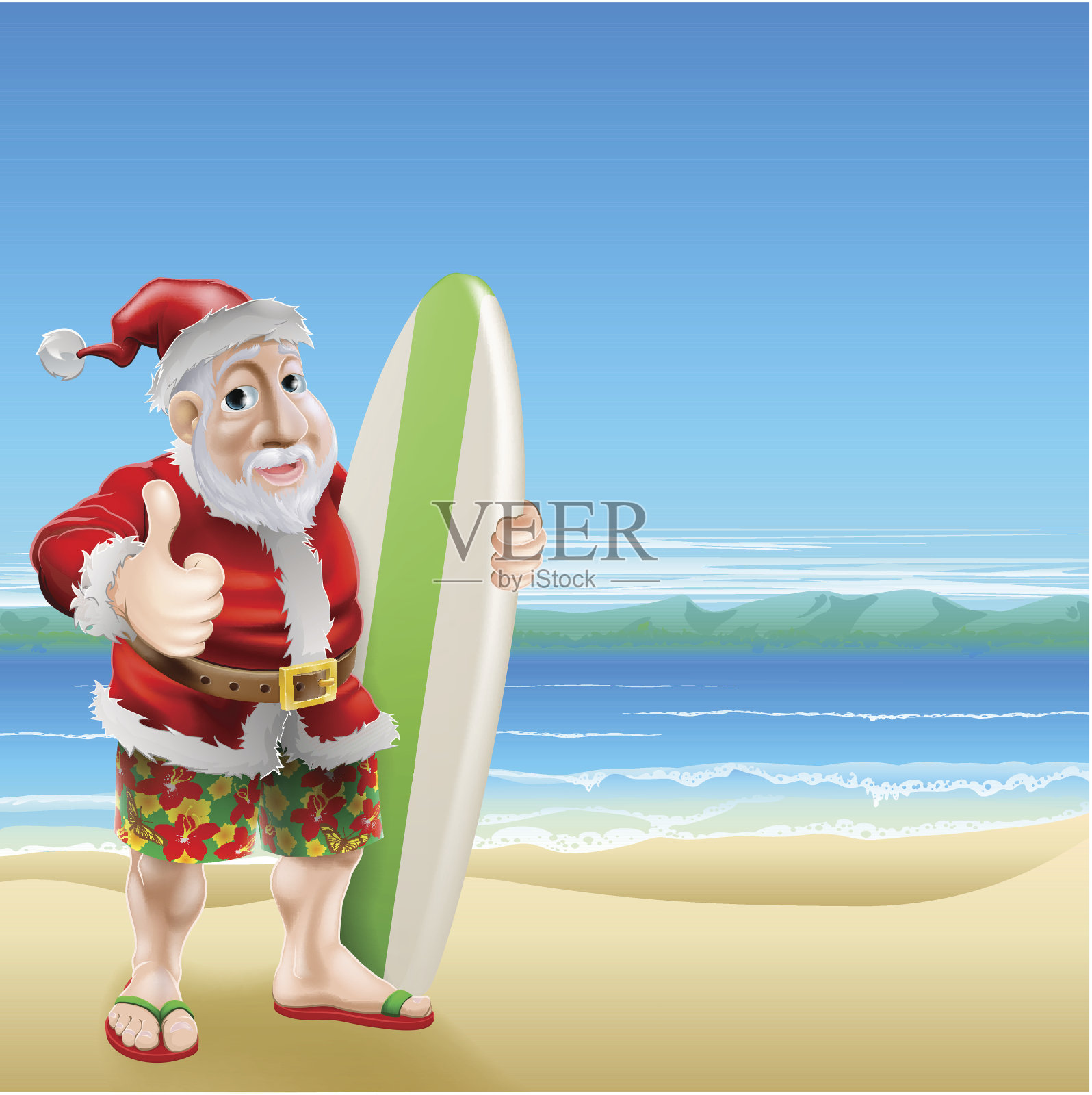 海滩上的圣诞老人插画图片素材