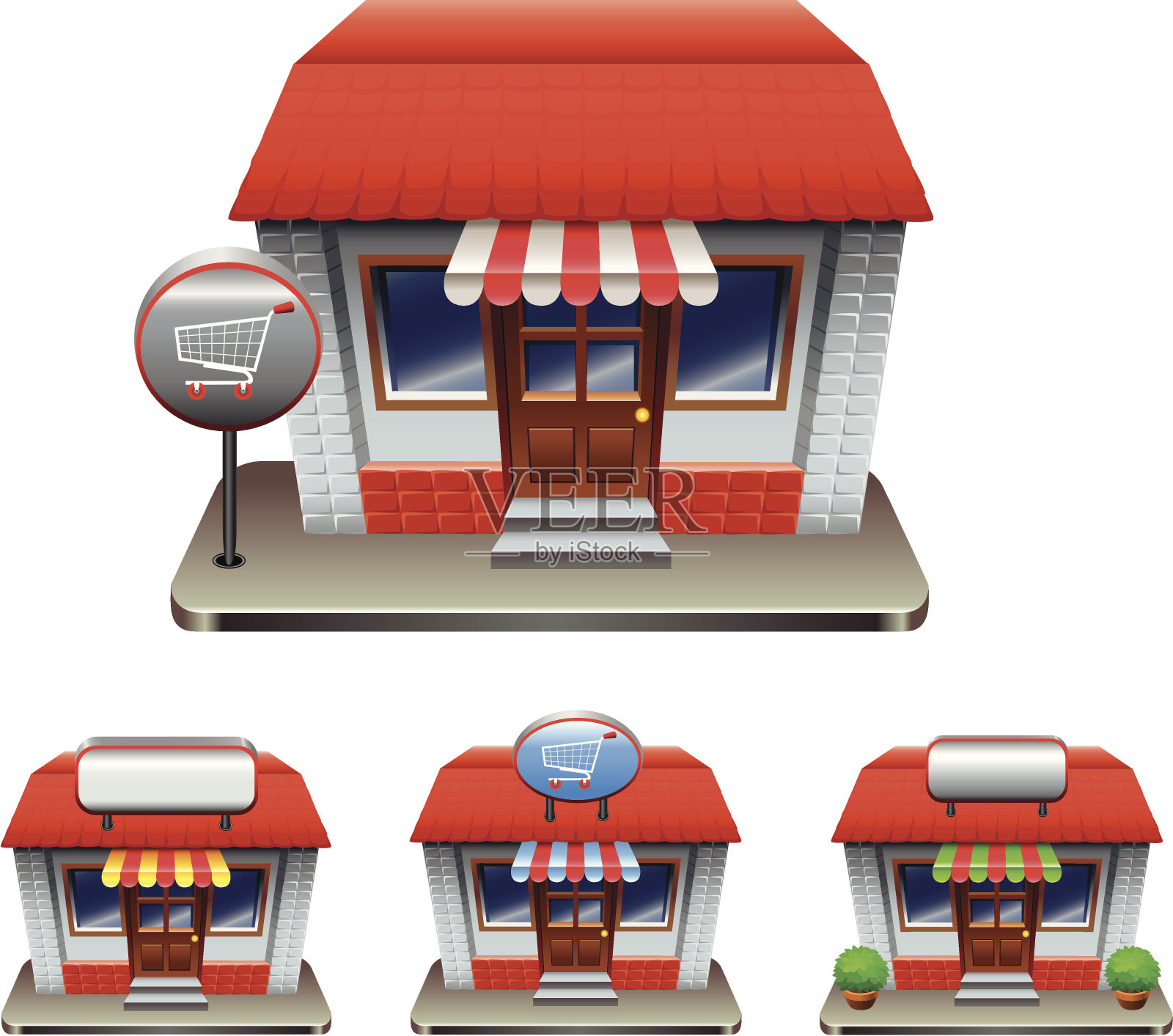 一个商店的卡通画，下面有三幅较小的卡通插画图片素材