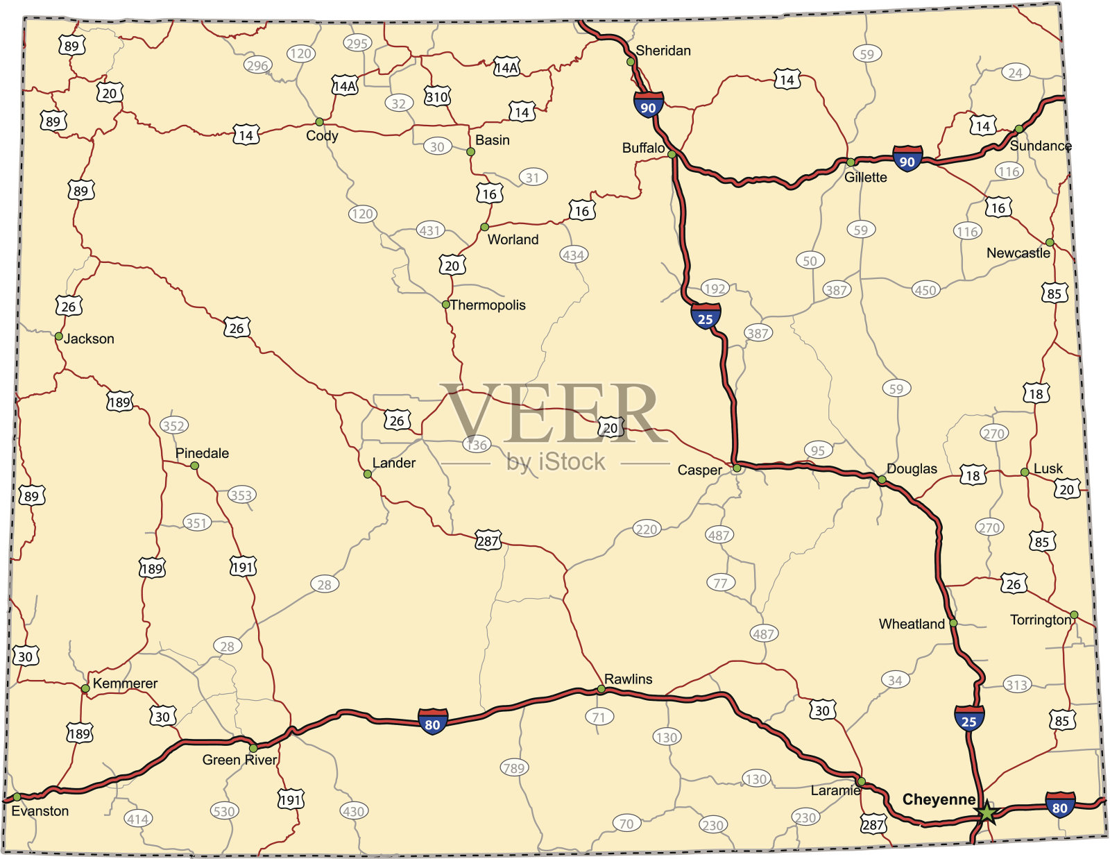 怀俄明州公路地图(矢量图)插画图片素材
