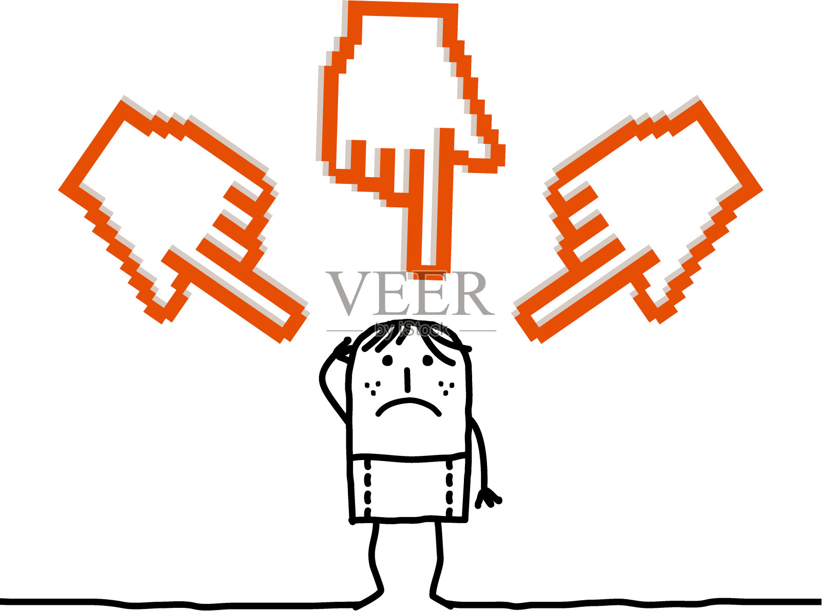 年轻人和大光标指向的手插画图片素材