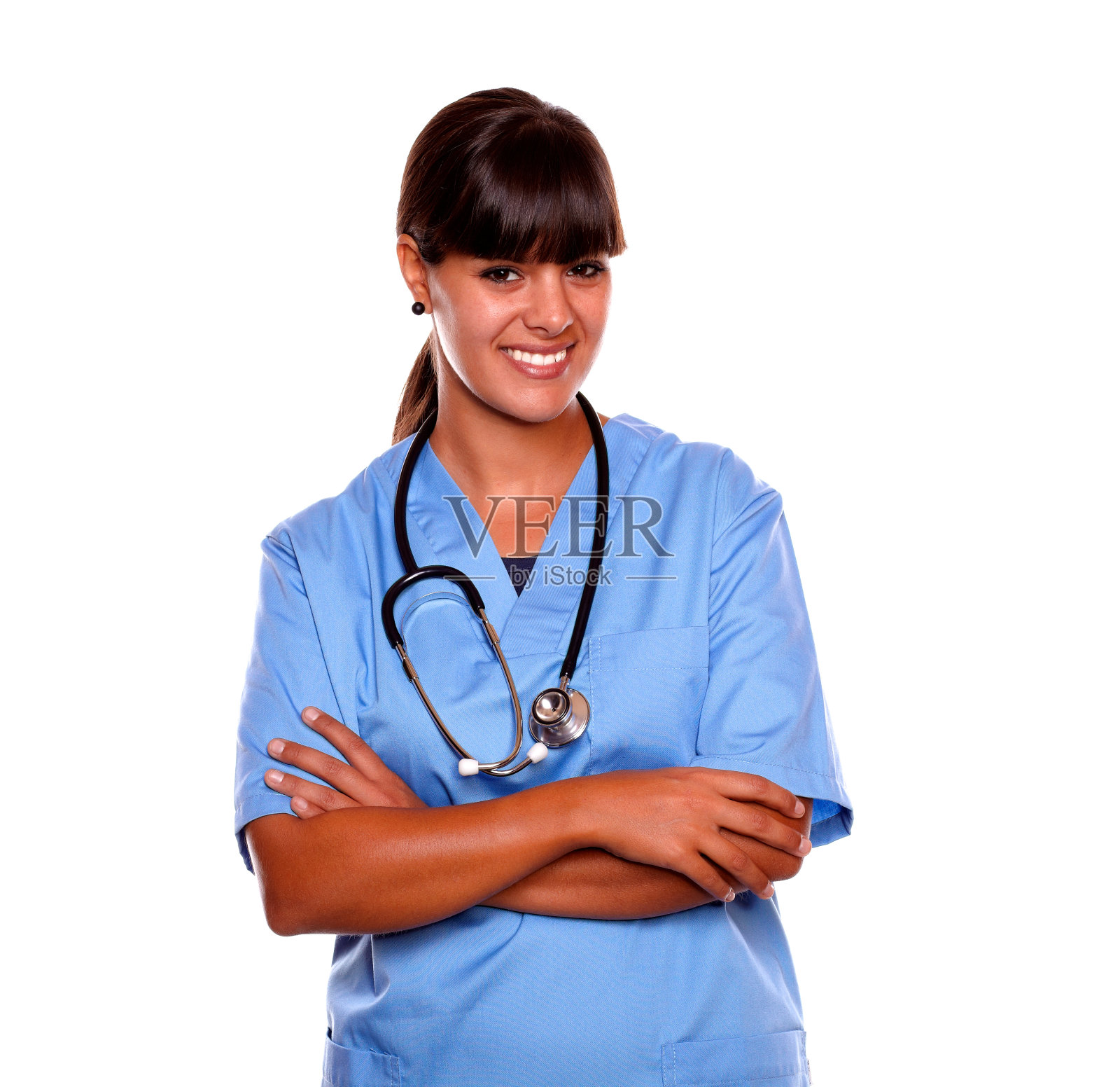 穿着蓝色制服的年轻护士照片摄影图片