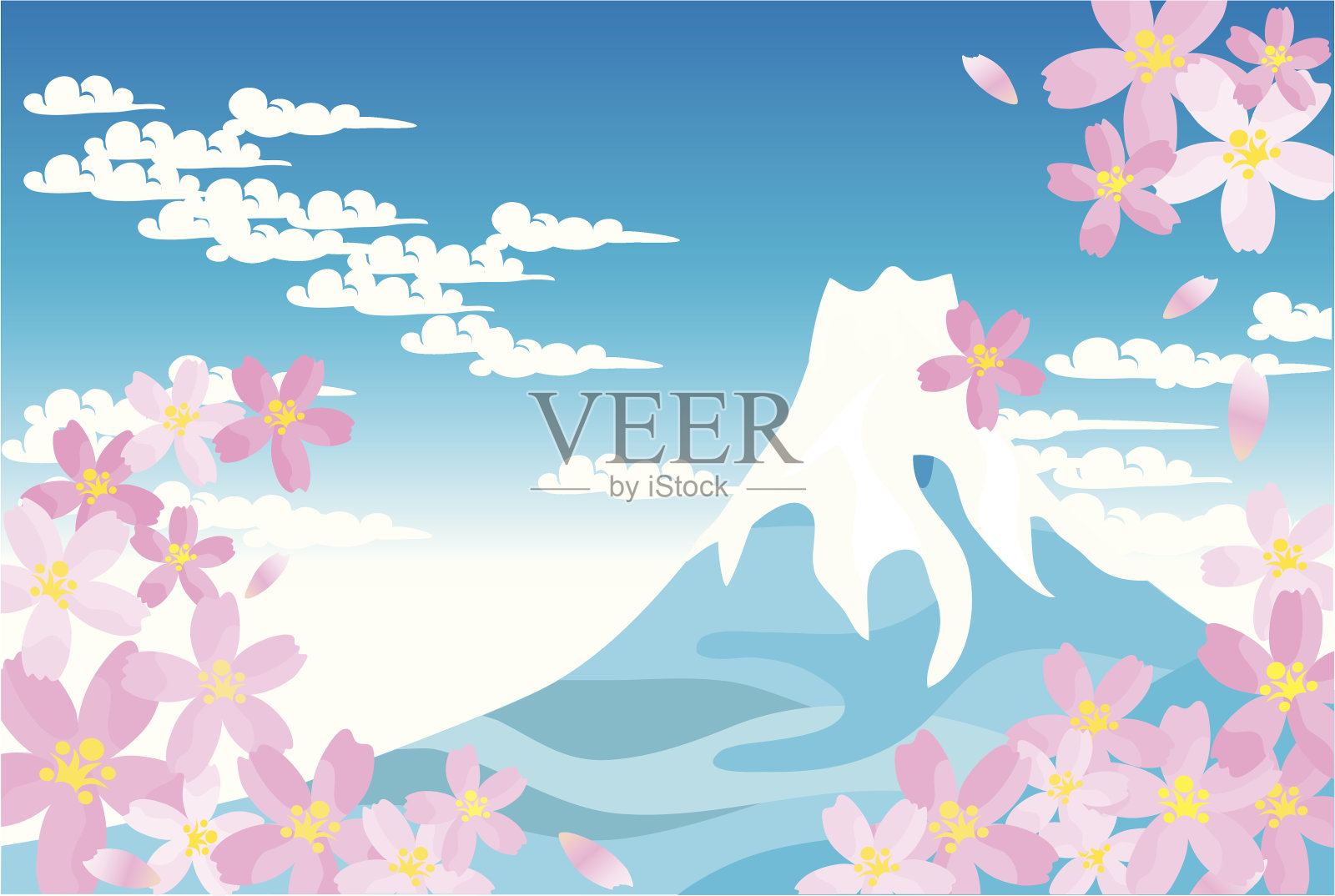 蓝色的富士山和樱花插画图片素材