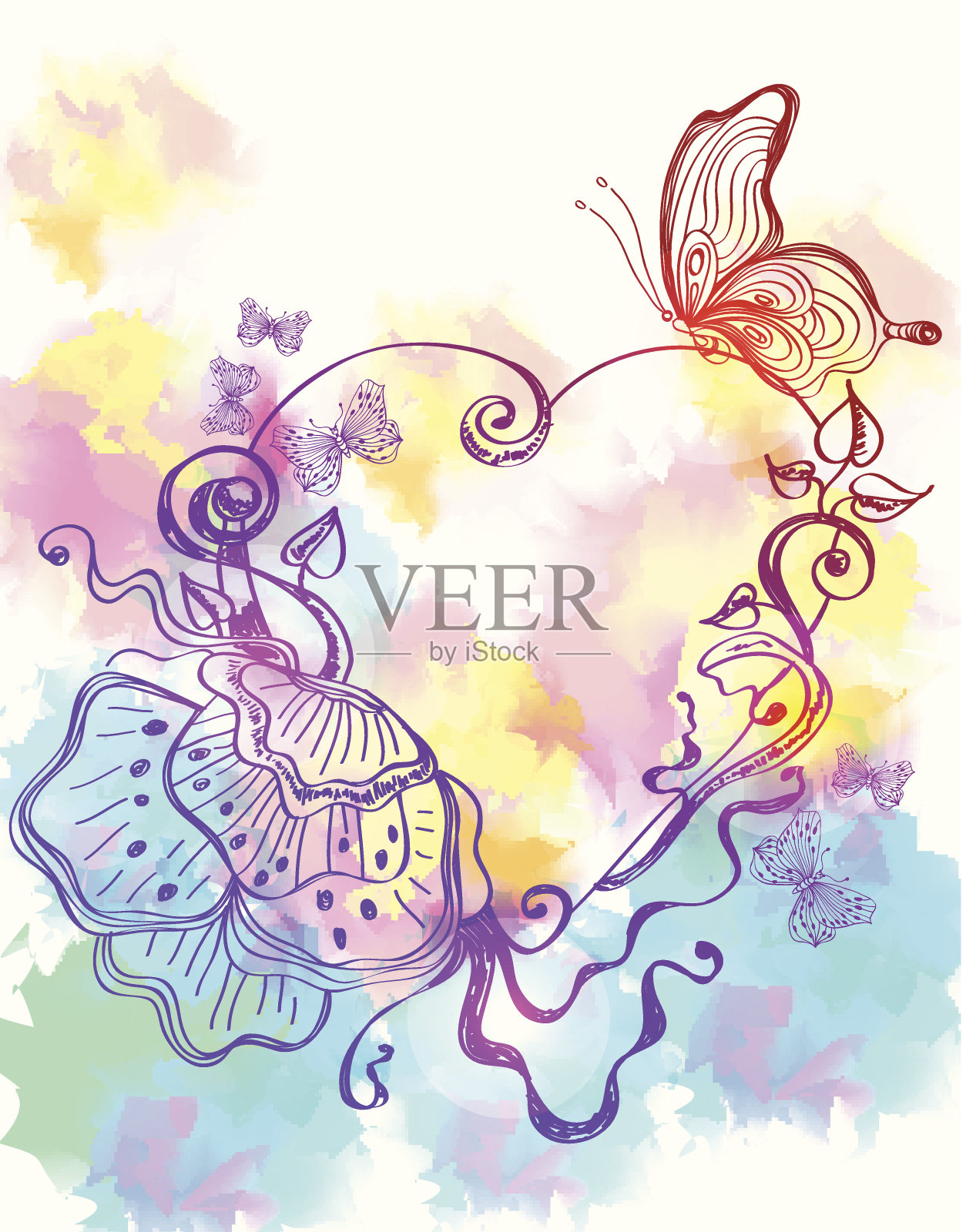 美丽的卡片，墨花和心插画图片素材