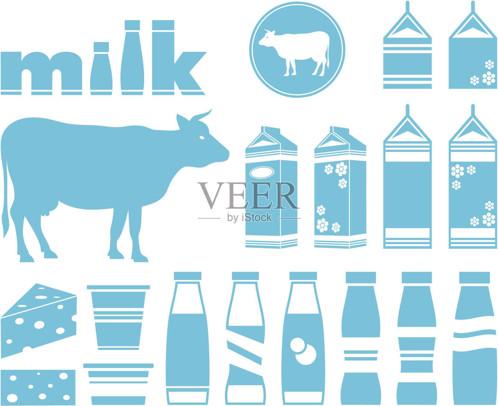 设置牛奶，乳制品和奶牛的图标插画图片素材