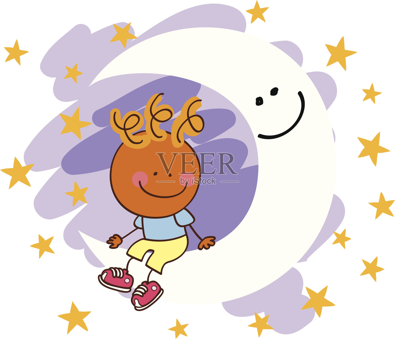坐在月亮上的男孩插画图片素材