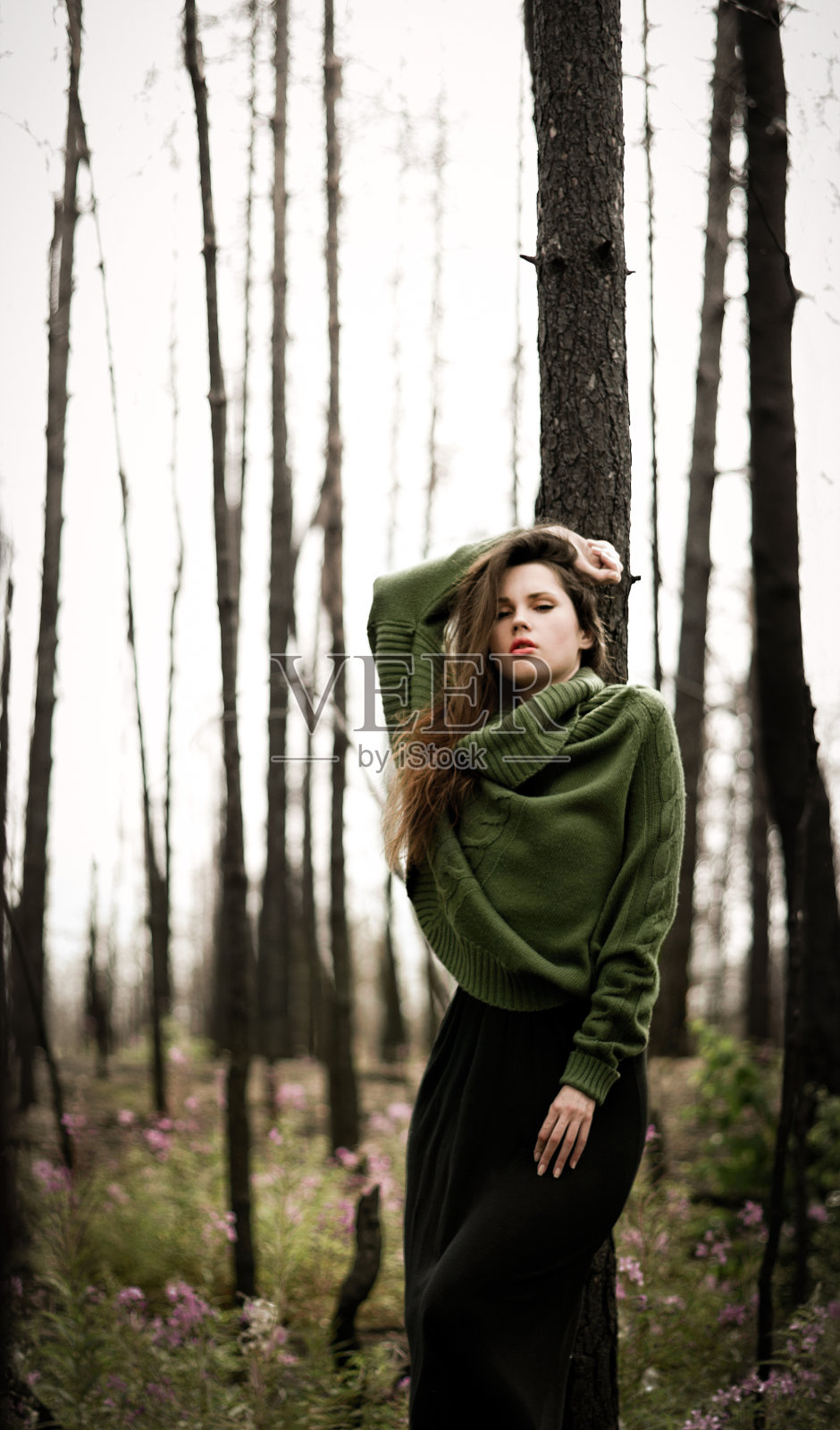 在烧毁的森林里，年轻女子靠在树上照片摄影图片