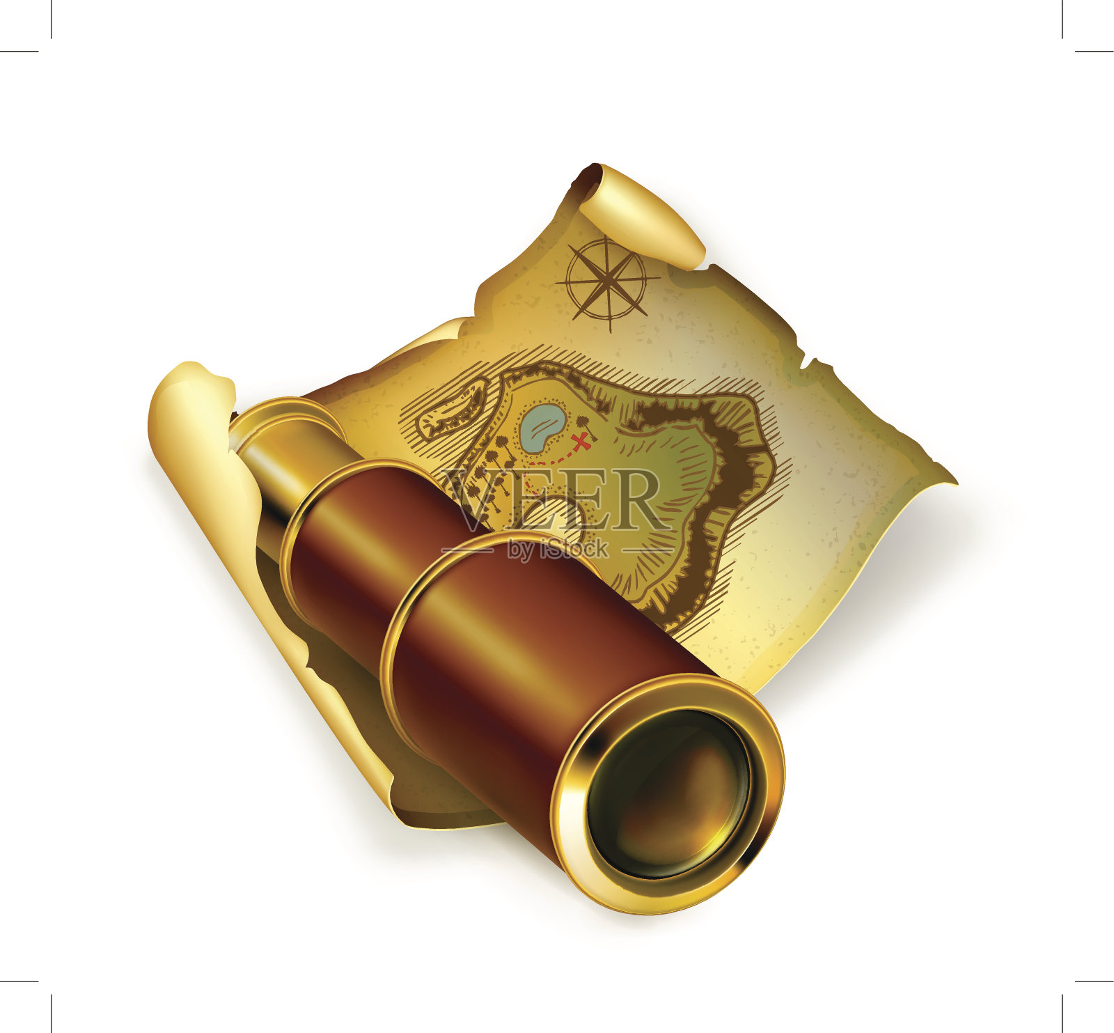 旧地图和望远镜。插画图片素材