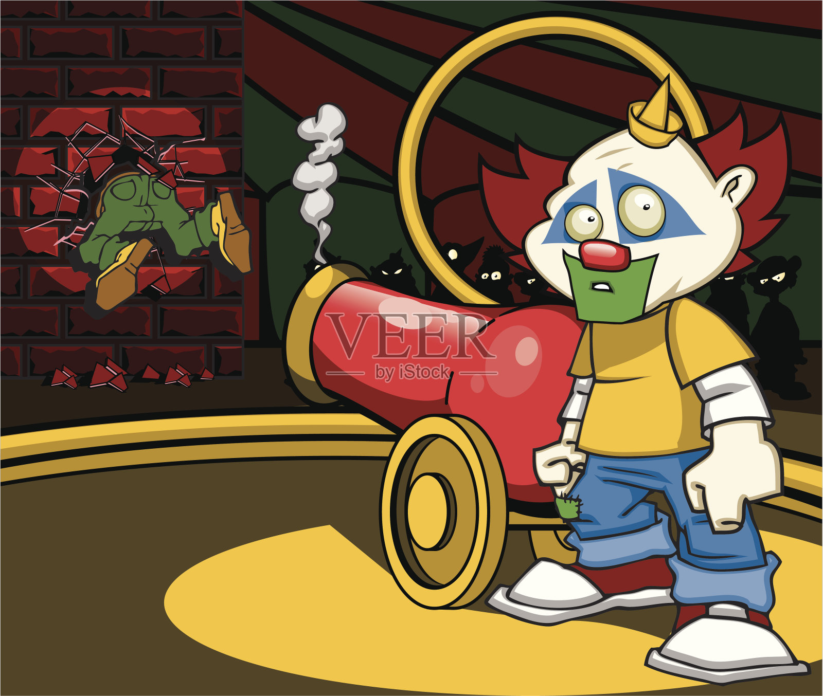 小丑用人炮穿墙插画图片素材