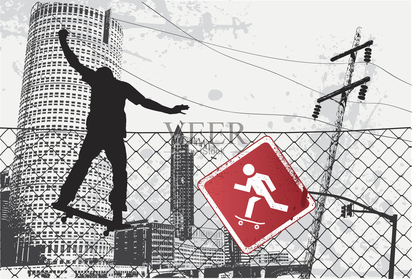 在城市图像的拼贴上一个滑板者的剪影插画图片素材