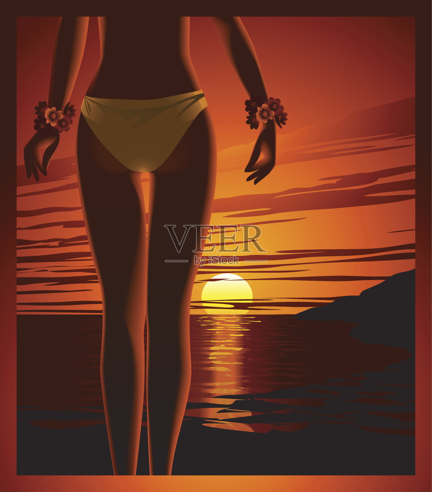 女孩和日落。设计模板素材