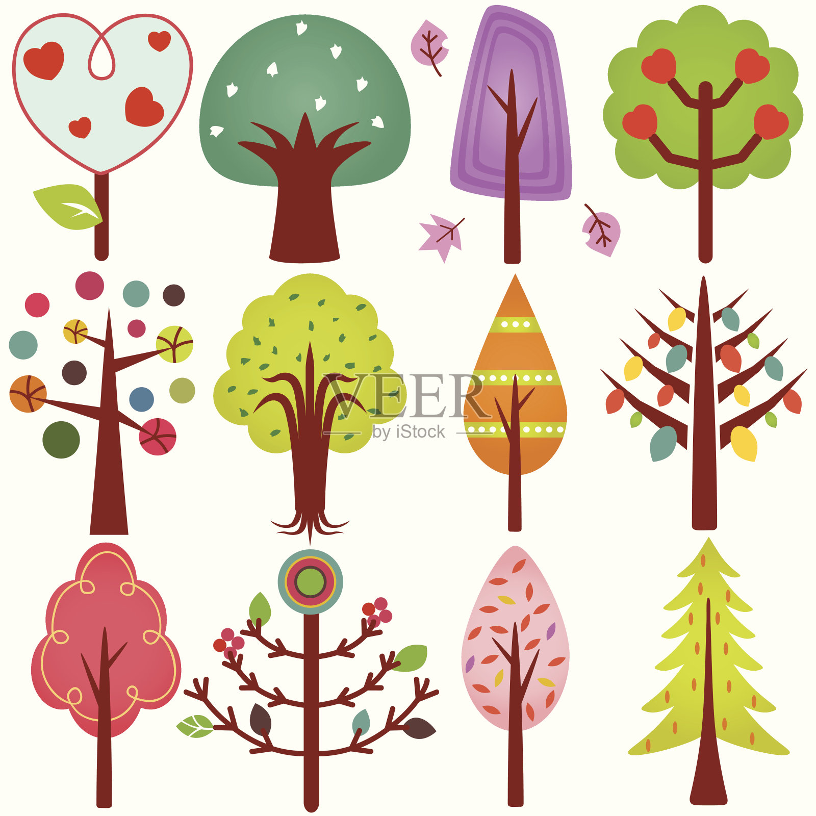 可爱的矢量图标:设计元素:甜美的复古树插画图片素材