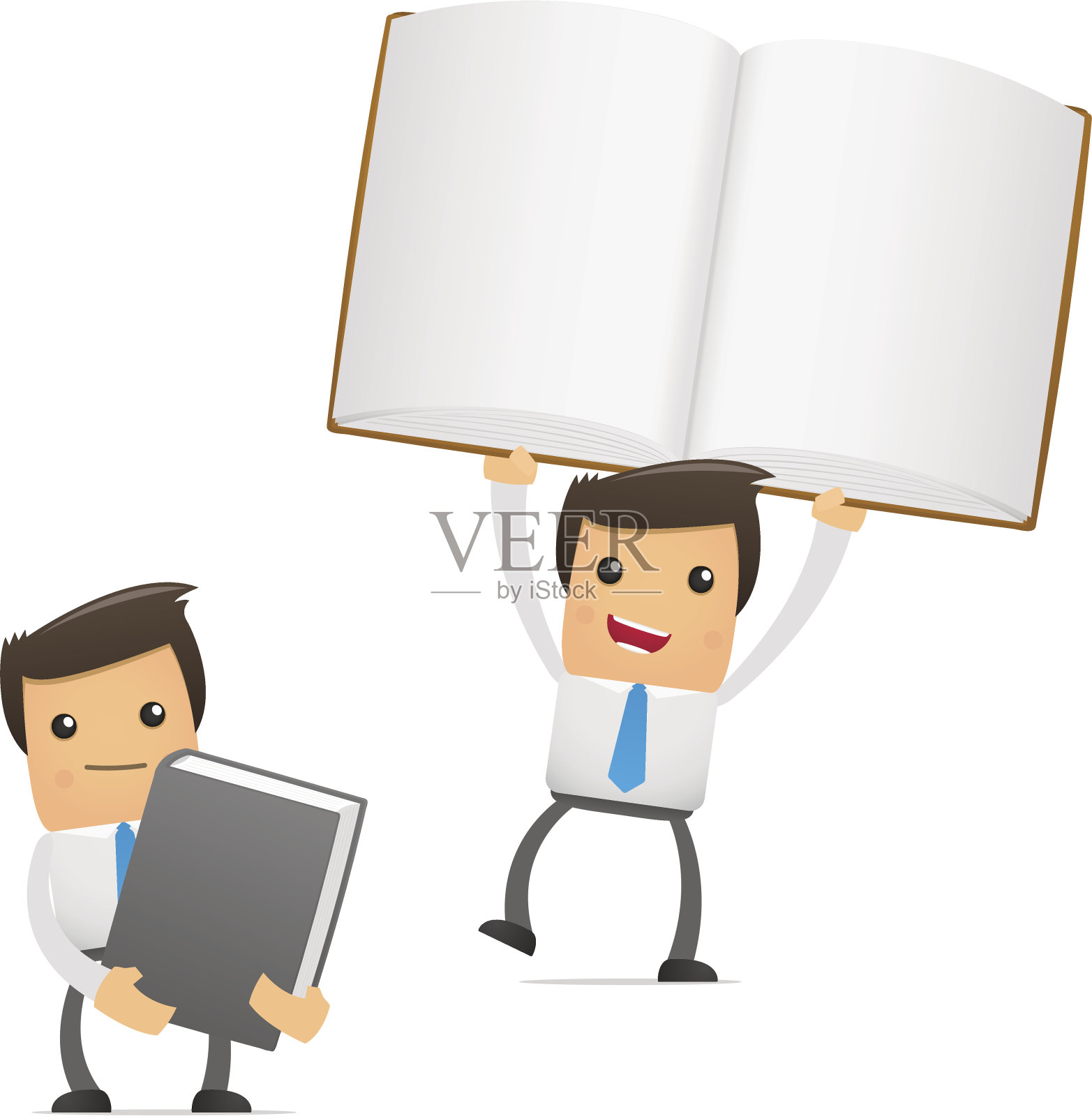 一模一样的卡通人物拿着打开和合上的书插画图片素材