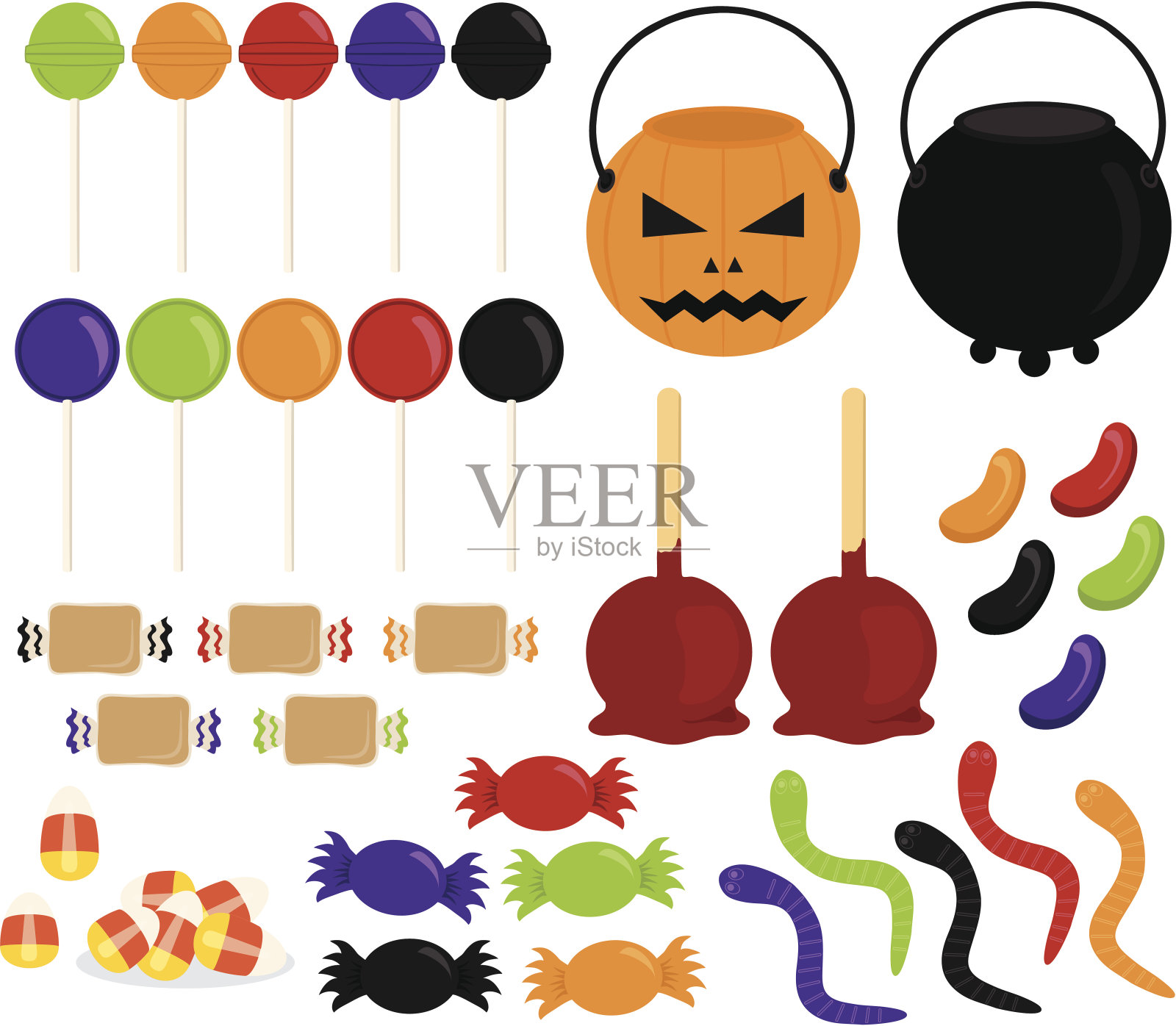 万圣节“不给糖就捣蛋”的南瓜糖果大锅桶插画图片素材