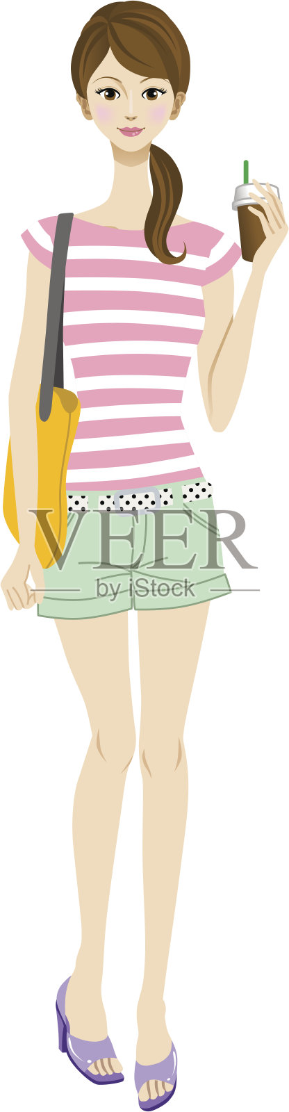 年轻女子喝上一杯，随意潇洒插画图片素材