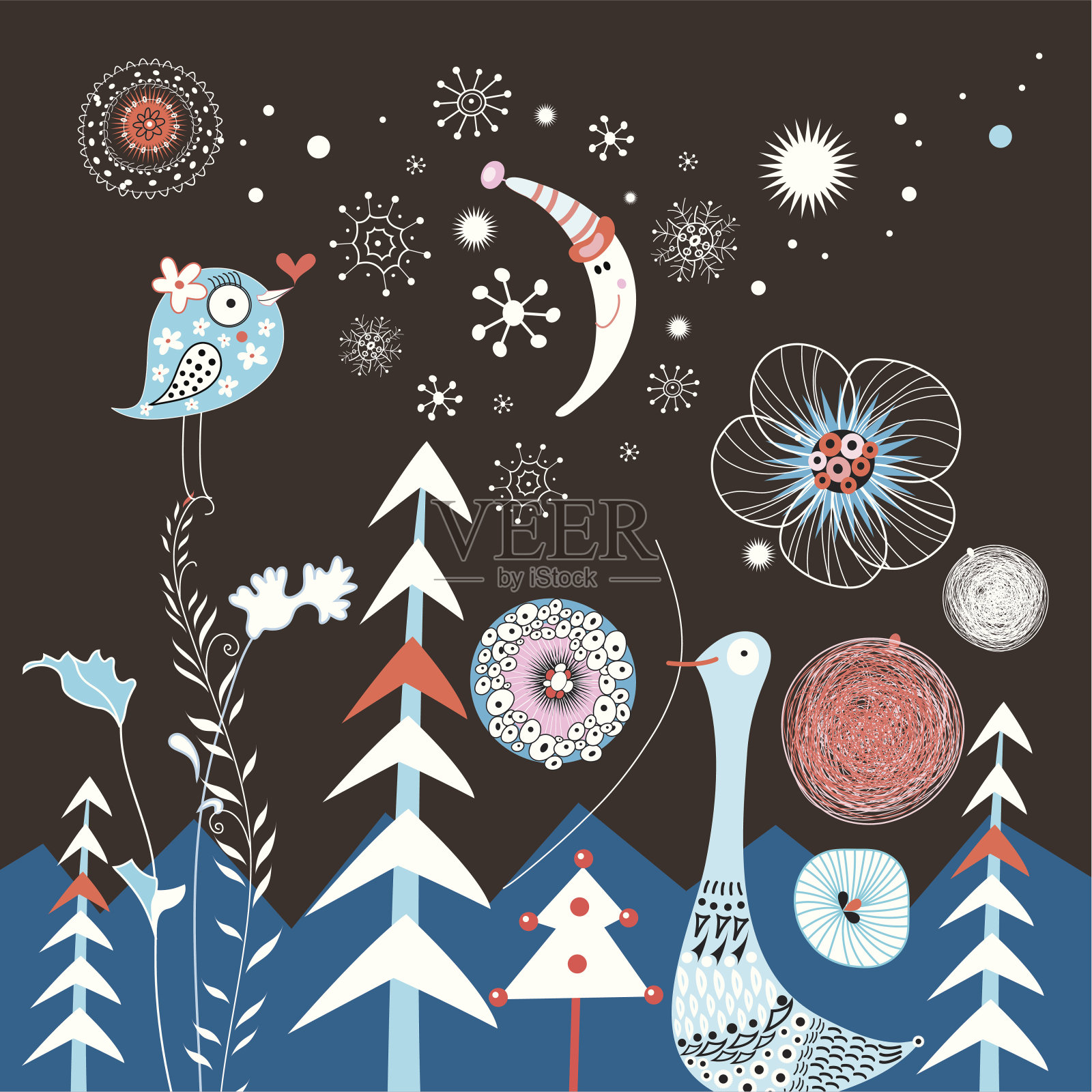 冬天的背景是树木和鸟类插画图片素材