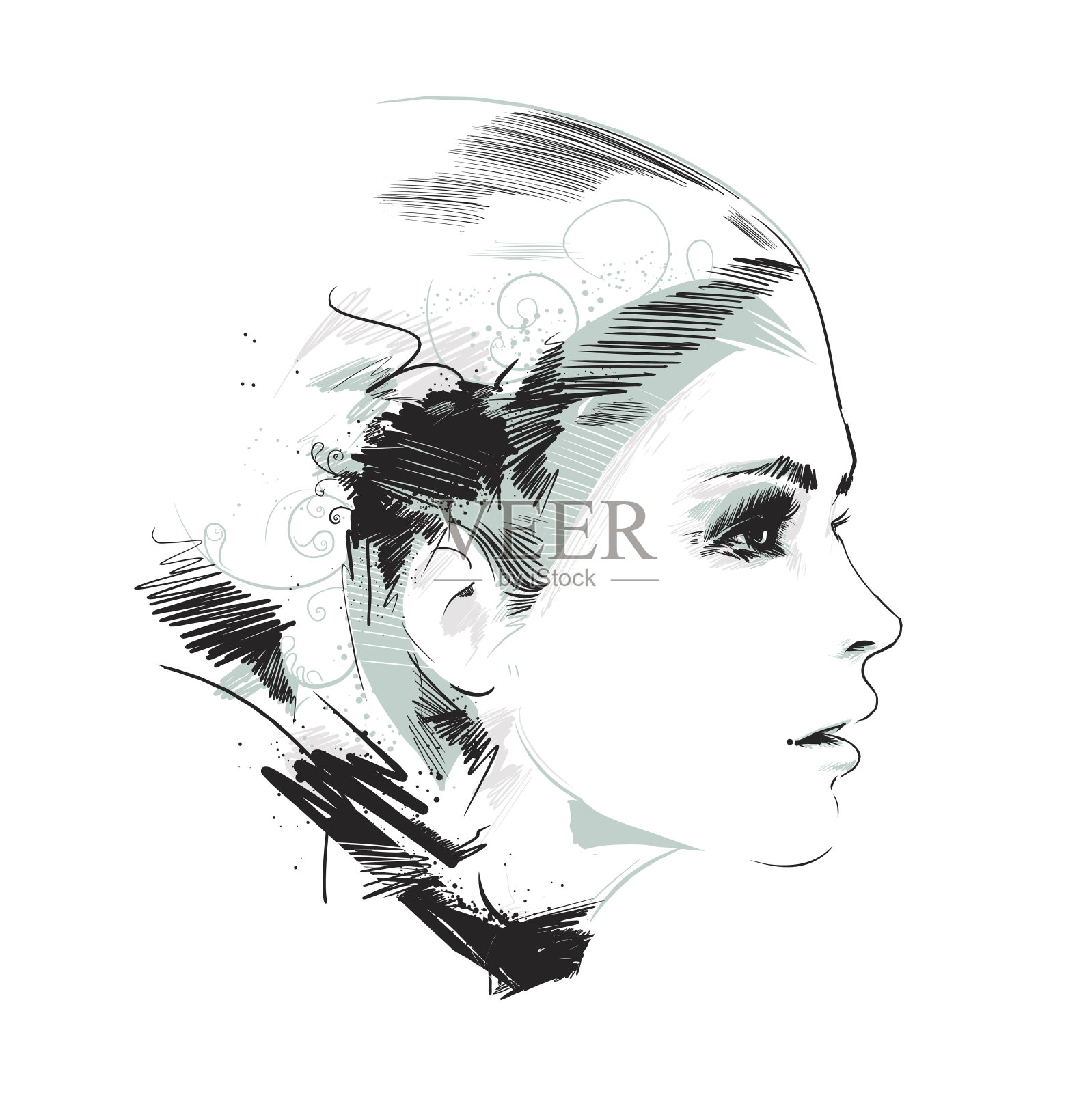 一个年轻模特的黑白手绘图像插画图片素材