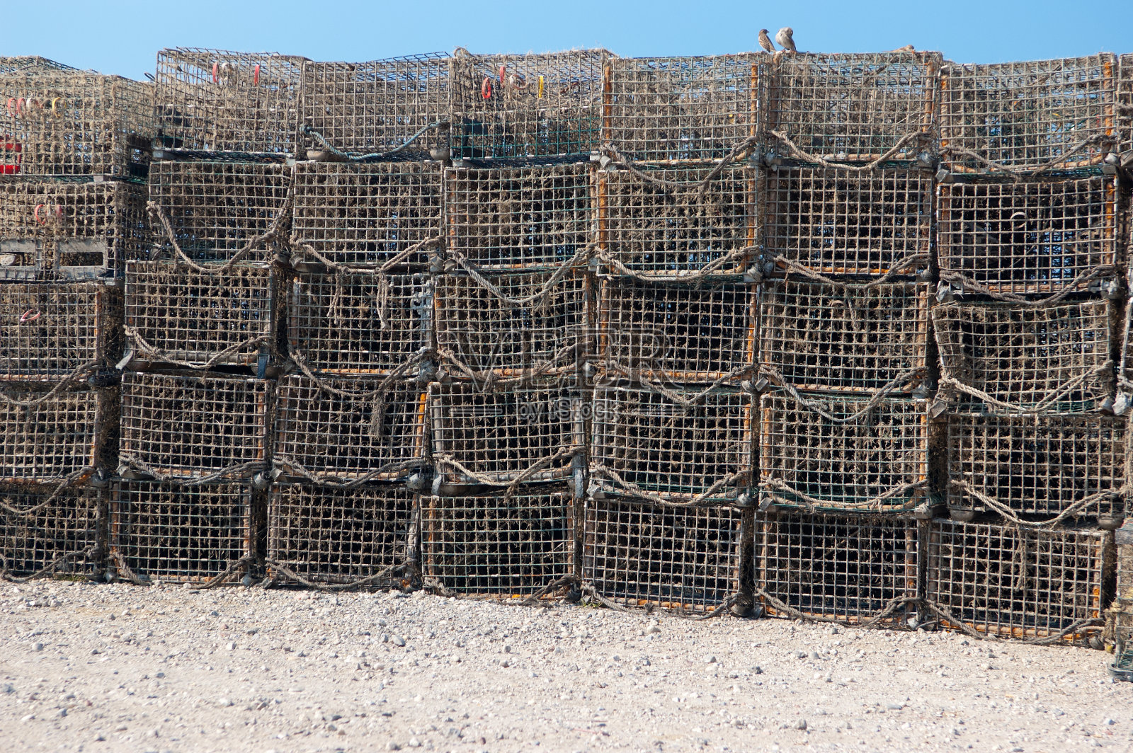 东北海岸海滩上堆积的蟹笼照片摄影图片