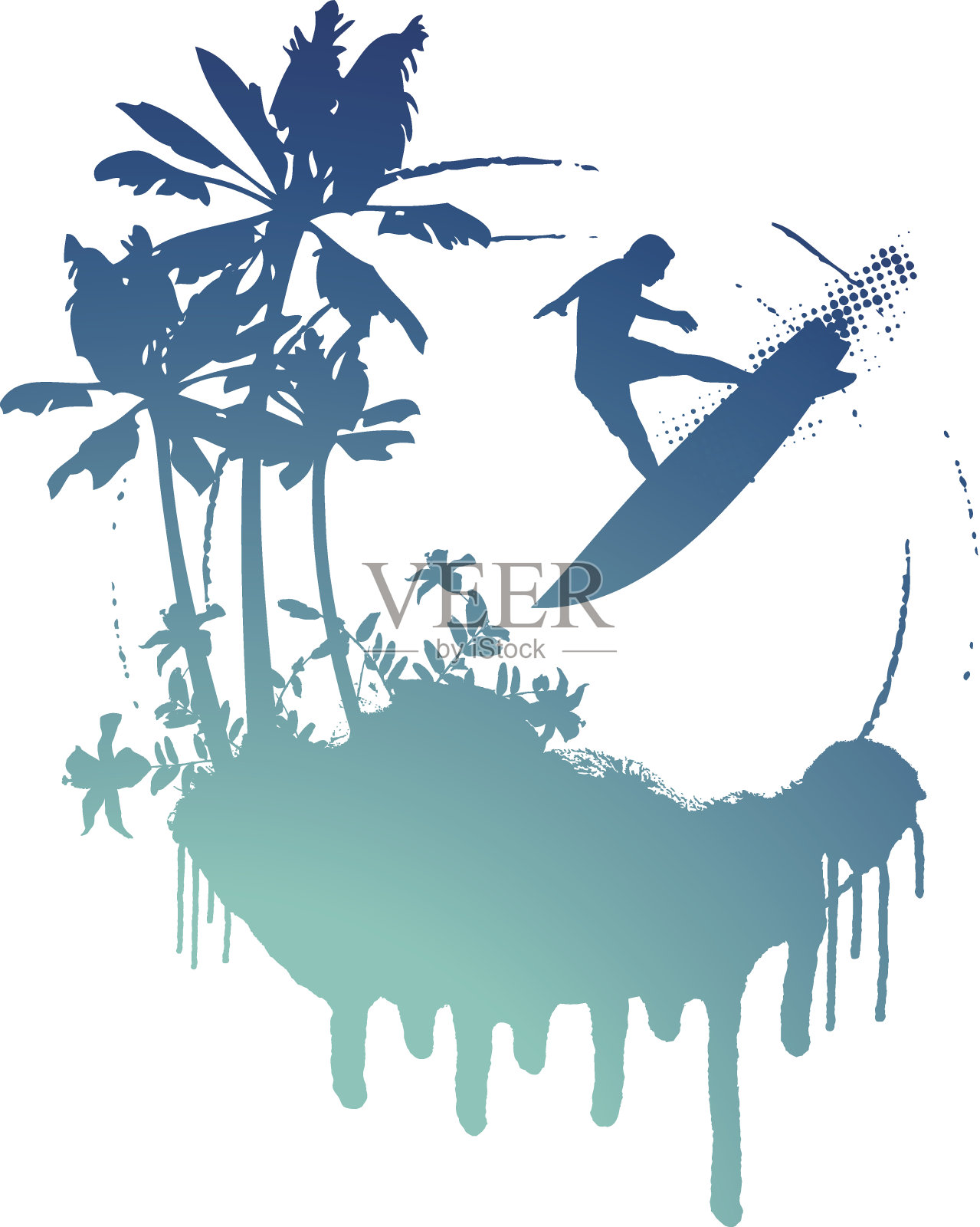 蓝色冲浪grunge场景与手掌和遭受跳跃插画图片素材