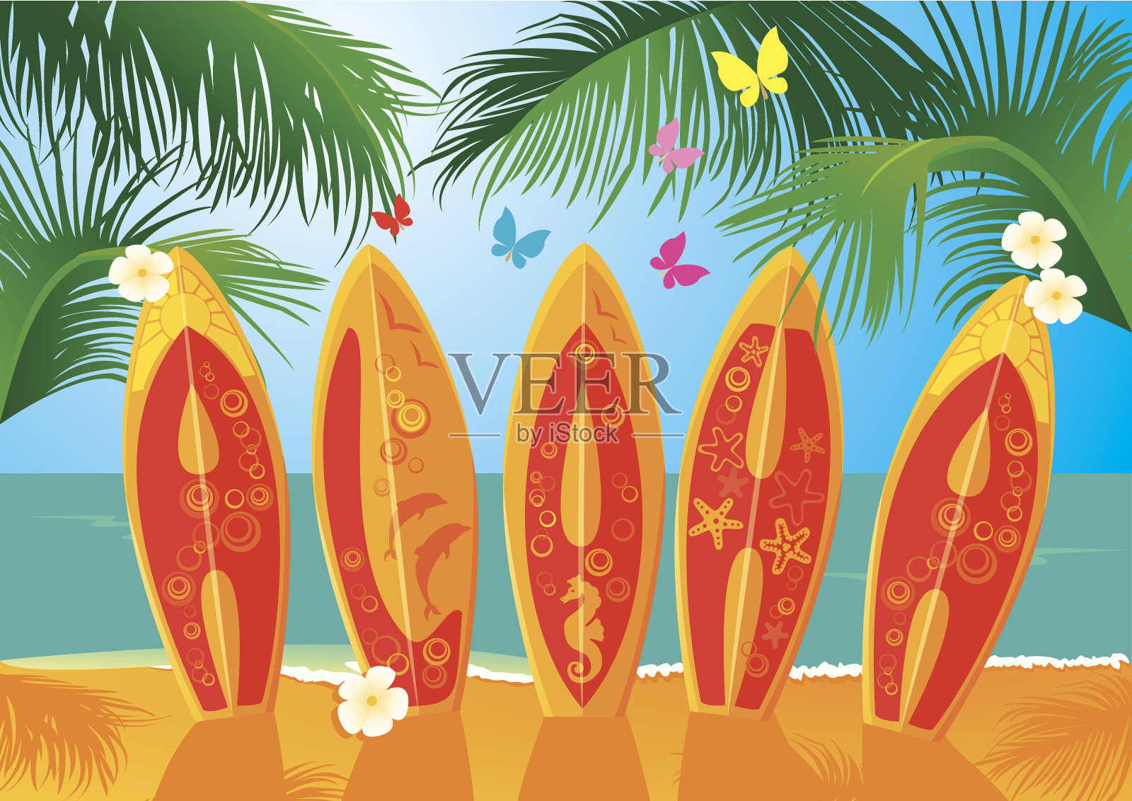 暑假明信片-冲浪板与文字阿罗哈插画图片素材