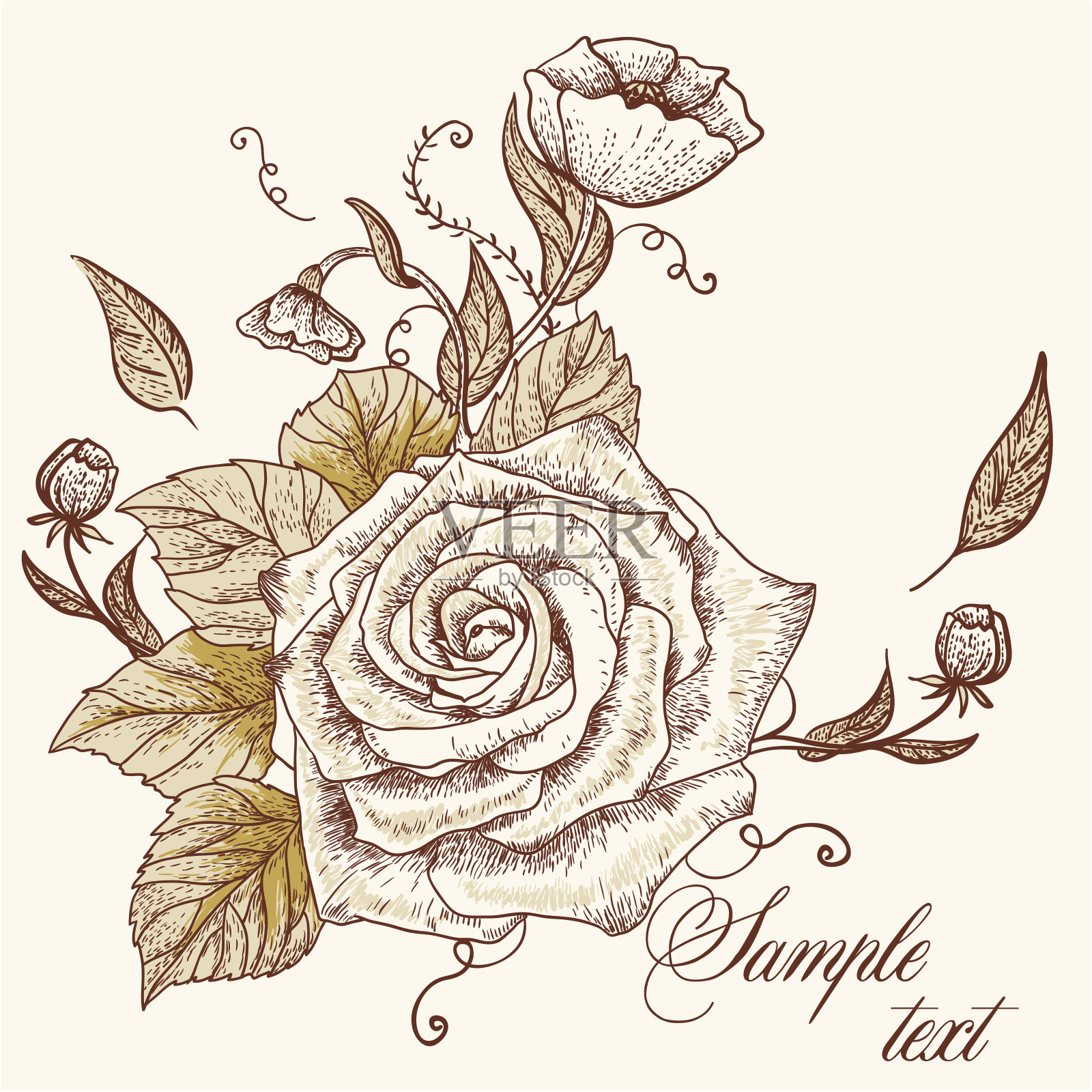 复古花图案与玫瑰插画图片素材