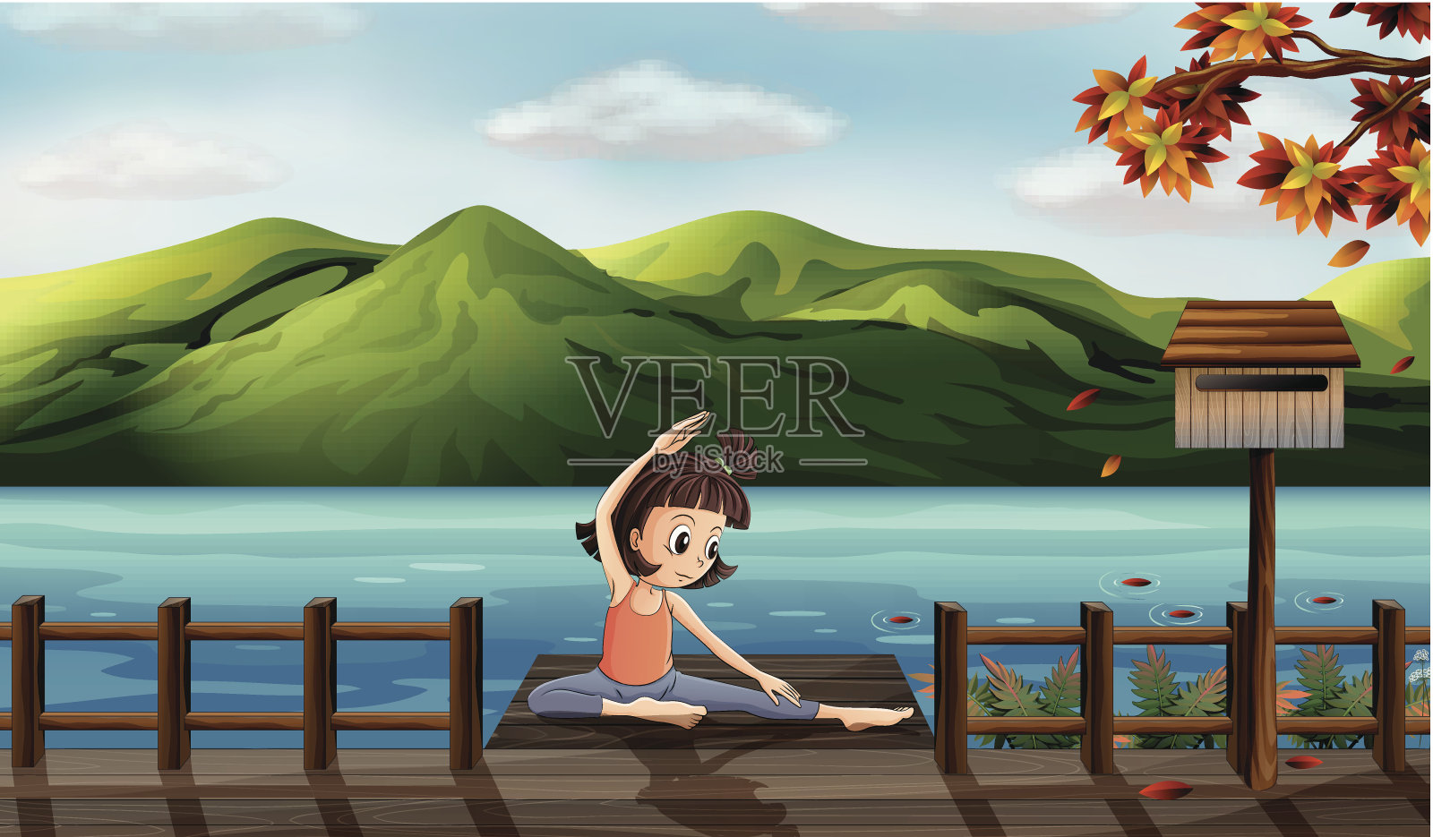 女孩在海边锻炼插画图片素材