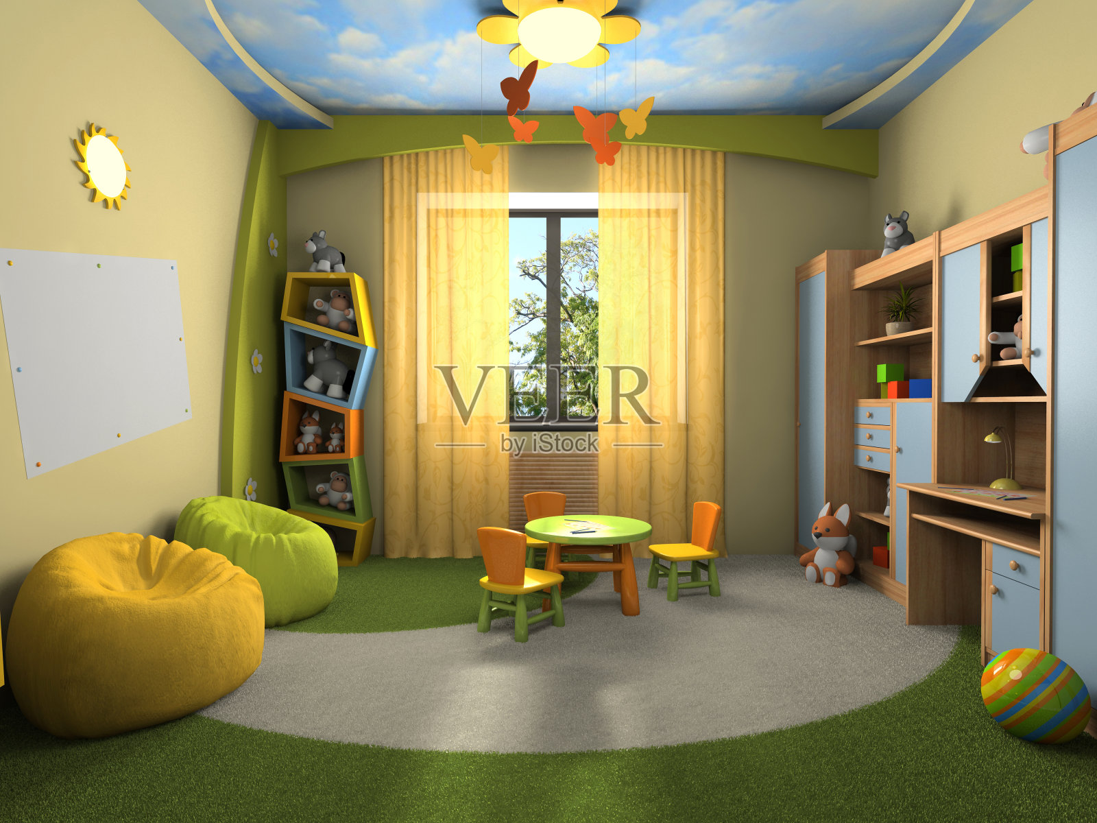 儿童游戏室里有椅子、桌子和豆袋照片摄影图片