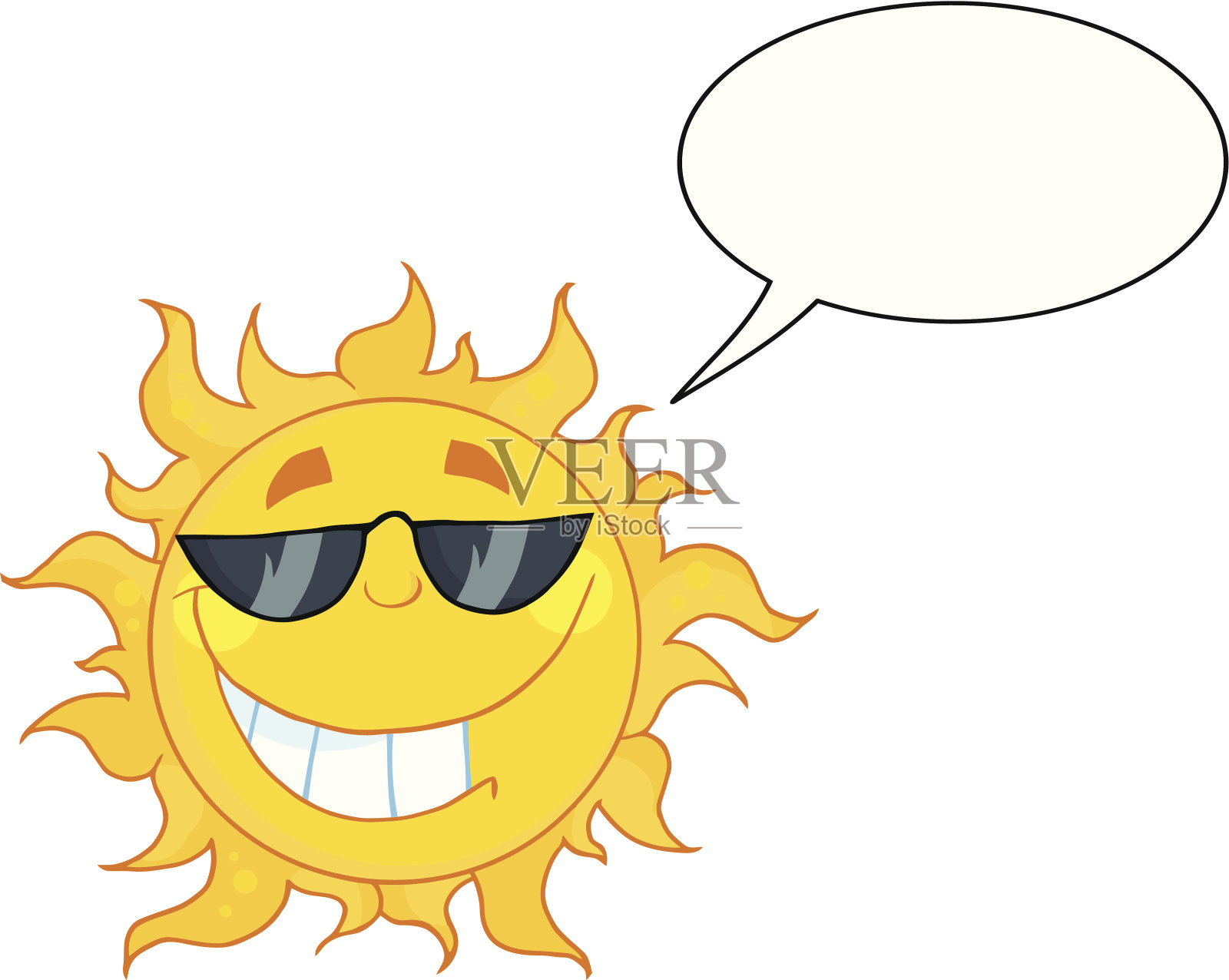 戴着太阳镜的微笑太阳和说话泡泡插画图片素材