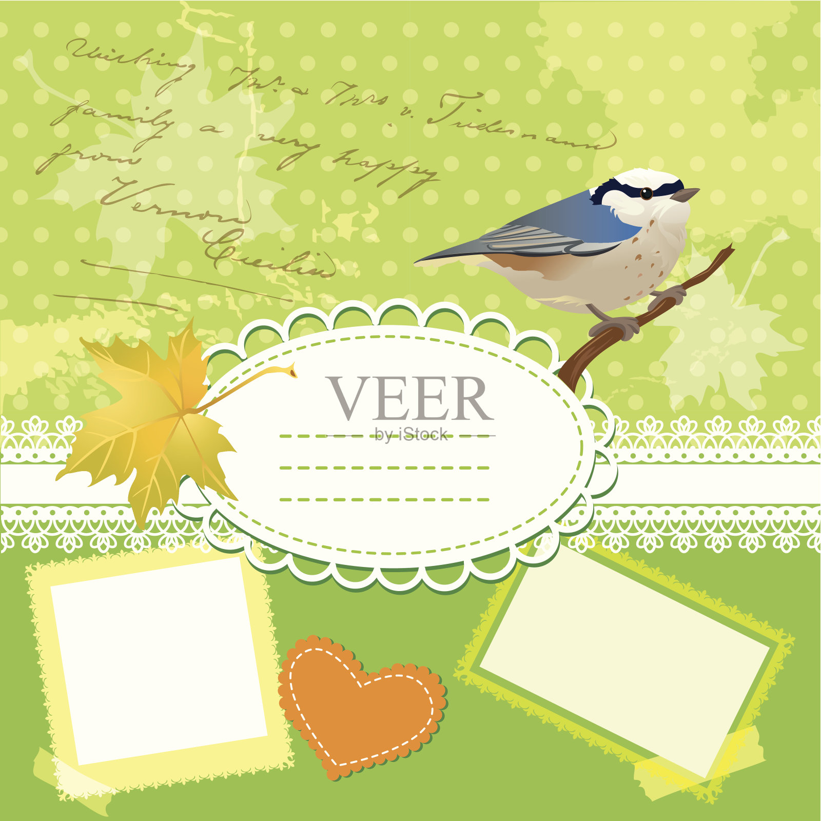 复古框架与鸟和树叶，反对波尔卡点背景。插画图片素材